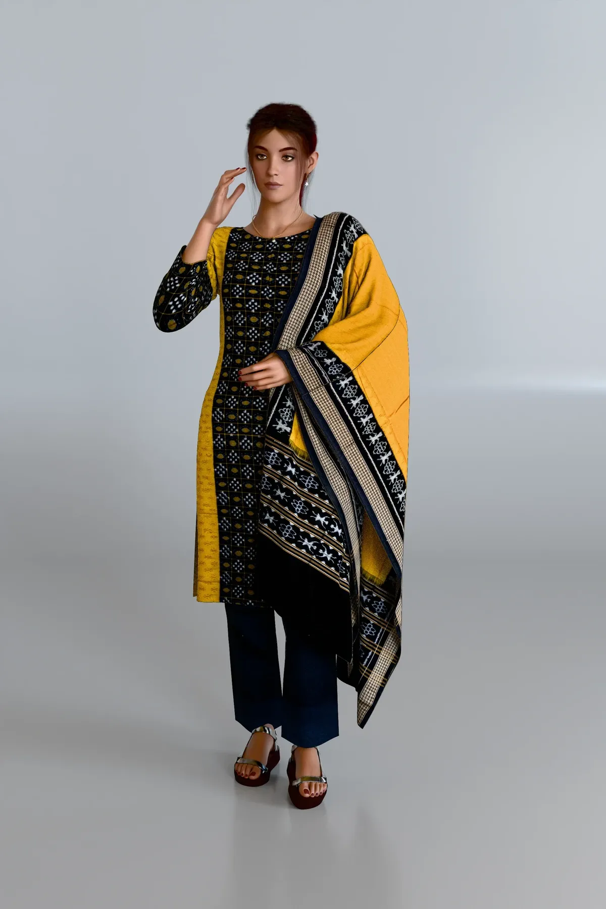 Mustard Black Pasapali Kurti DM with Yellow Dupatta and Black Pants DM