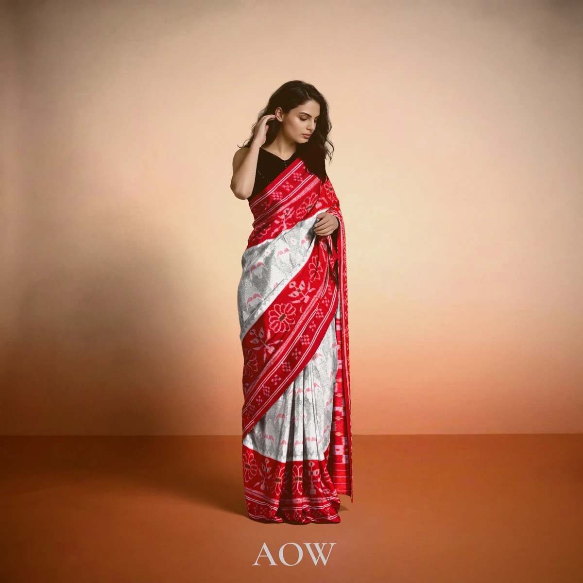 Khandua cotton red gray Saree