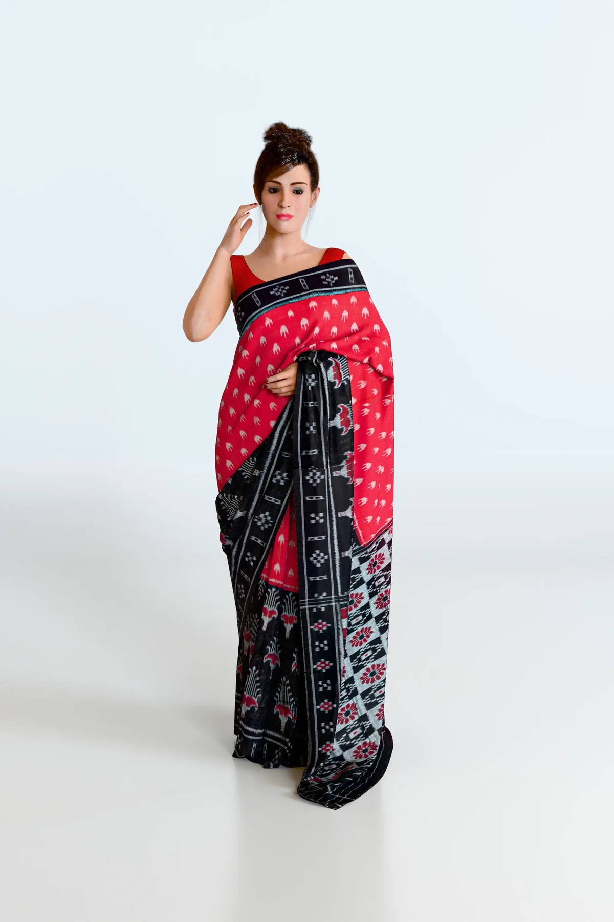 Black Red Half Half Khandua Cotton Saree