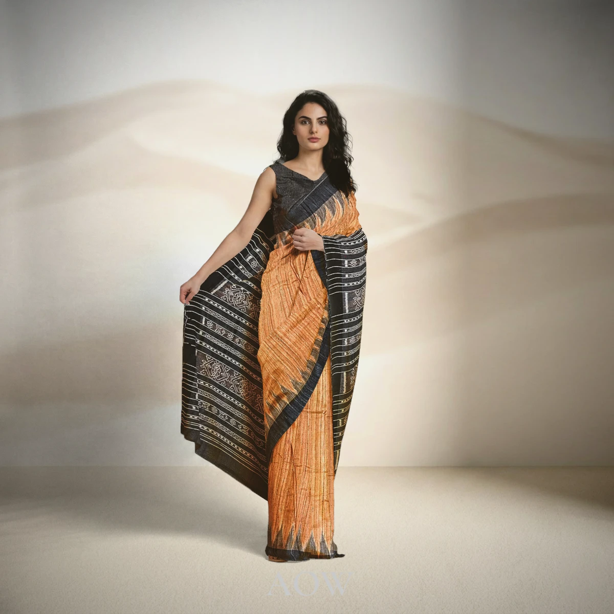 Orange Black Tussar Silk Saree