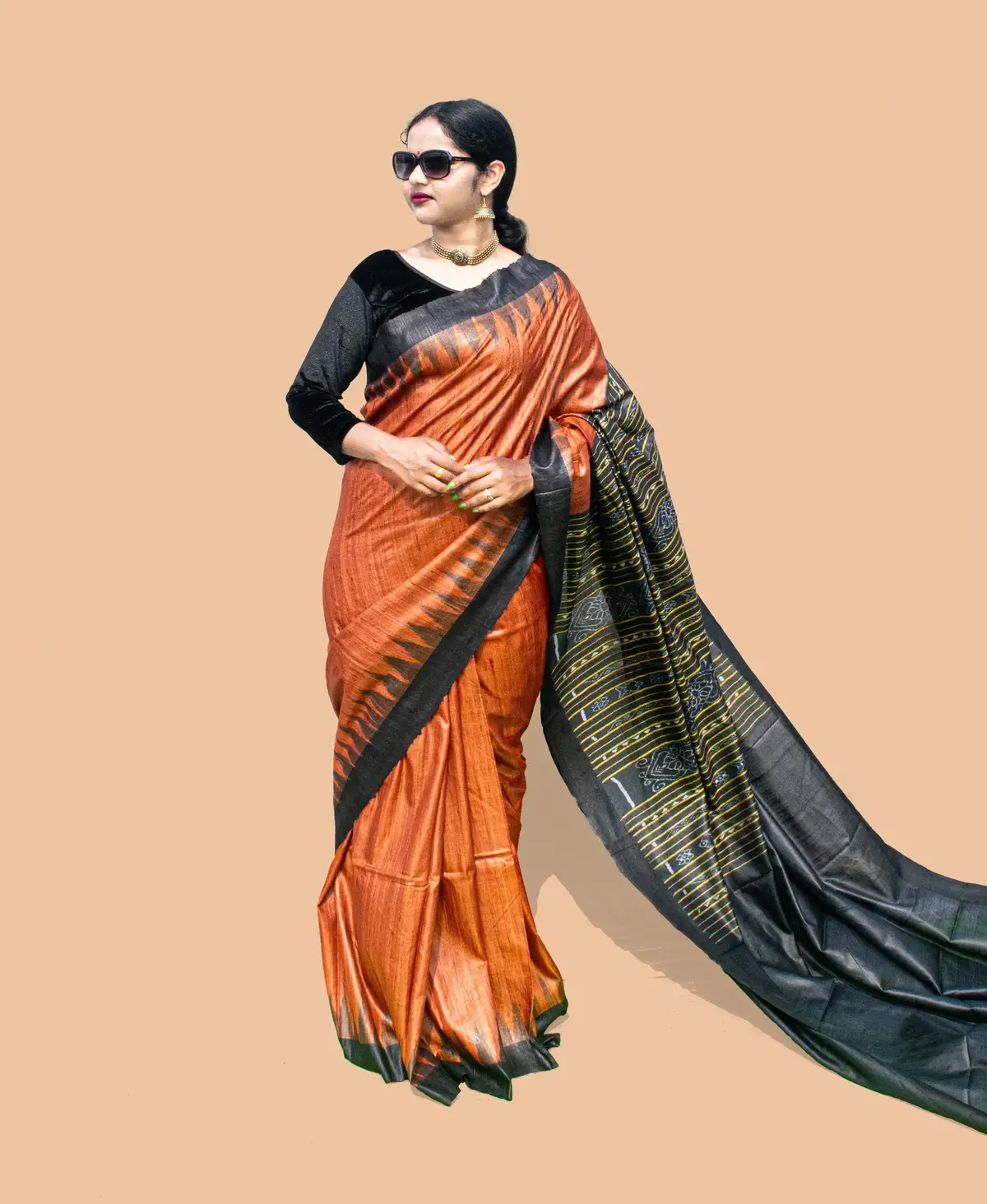 Orange Black Tussar Silk Saree