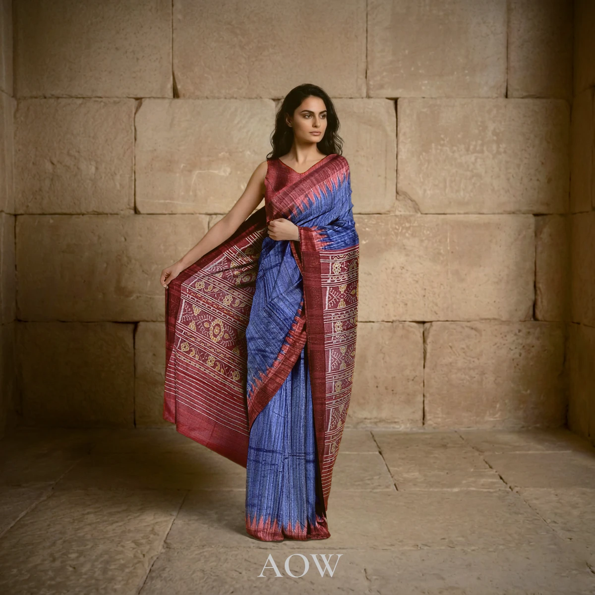 Tussar Dark blue Maroon border Saree