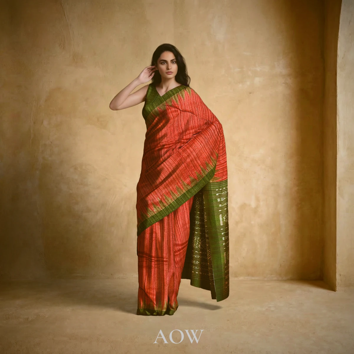 Tussar Body color Red green saree