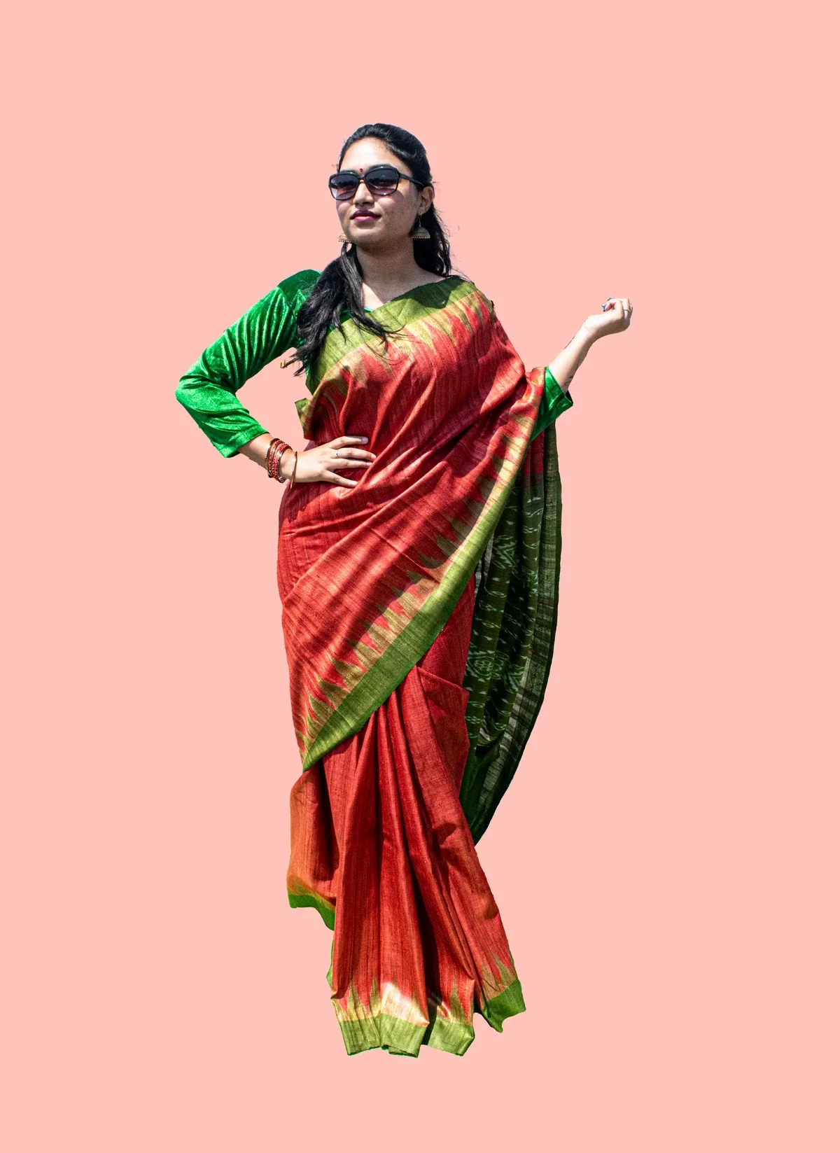 Tussar Body color Red green saree