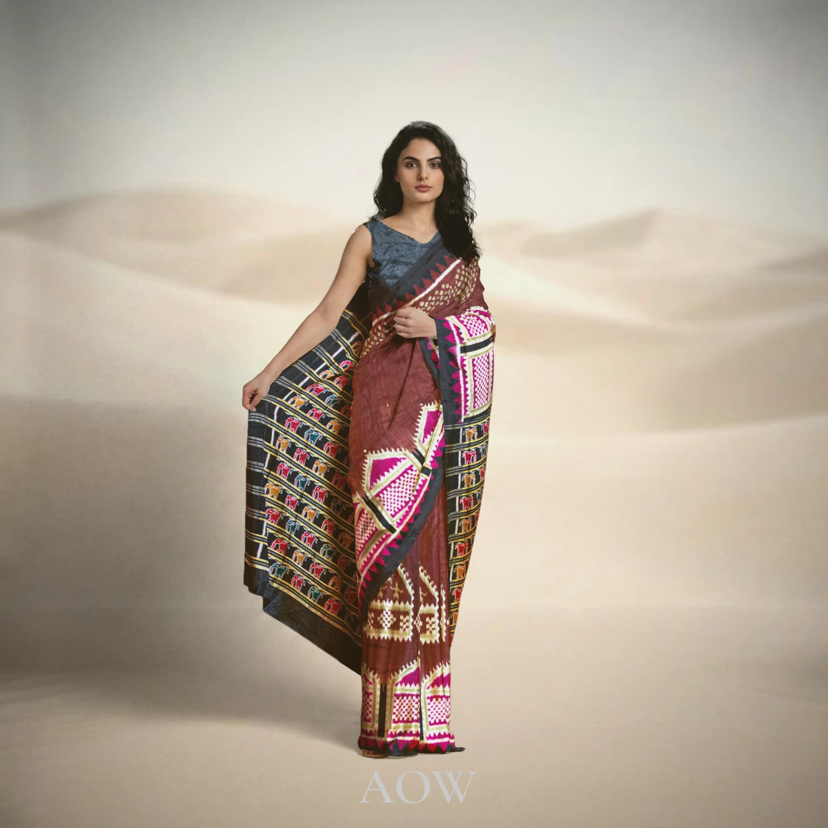 Brown Maroon Body Deula Border Khandua Pata Saree
