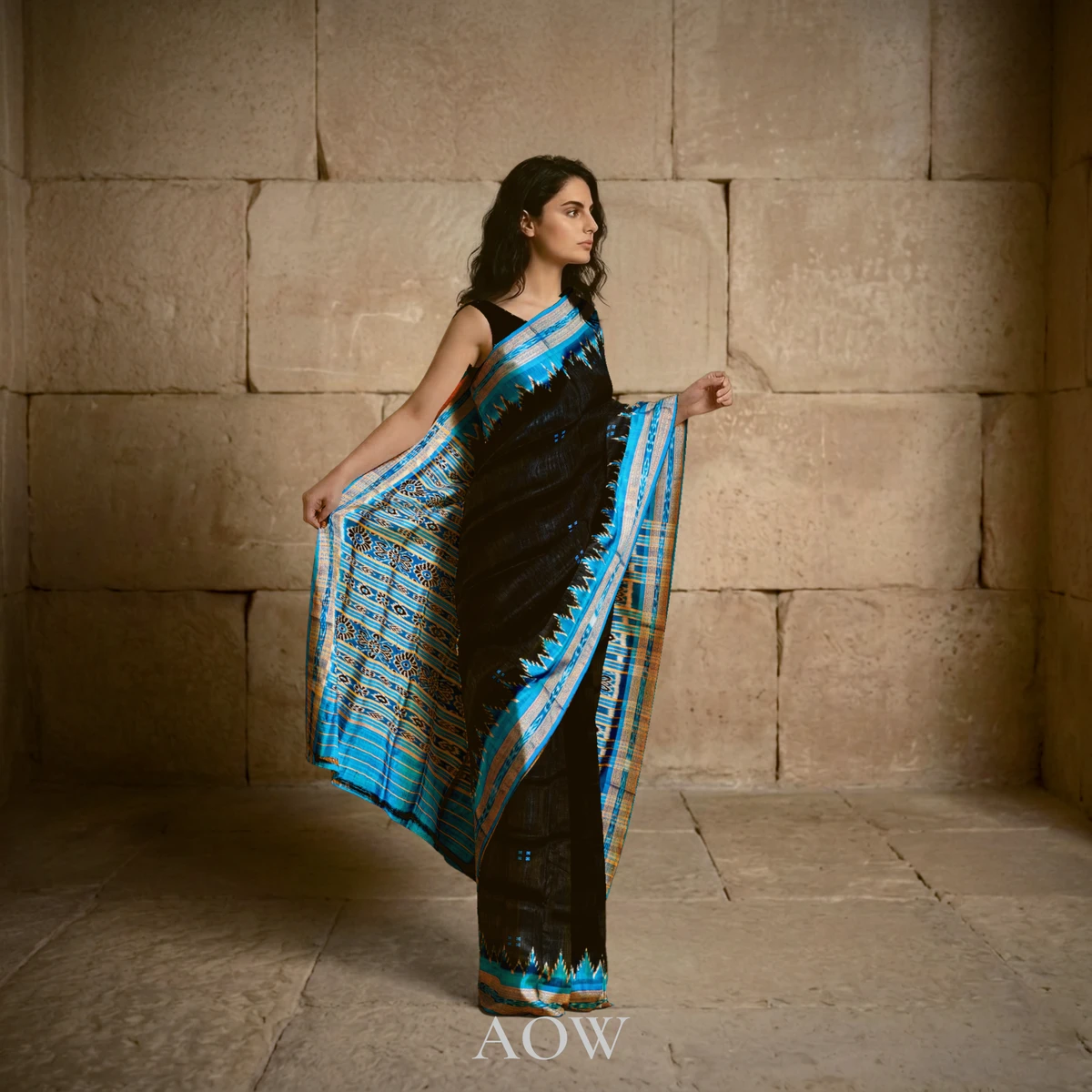 Plain Black CopperSulphate Khandua Pata Saree