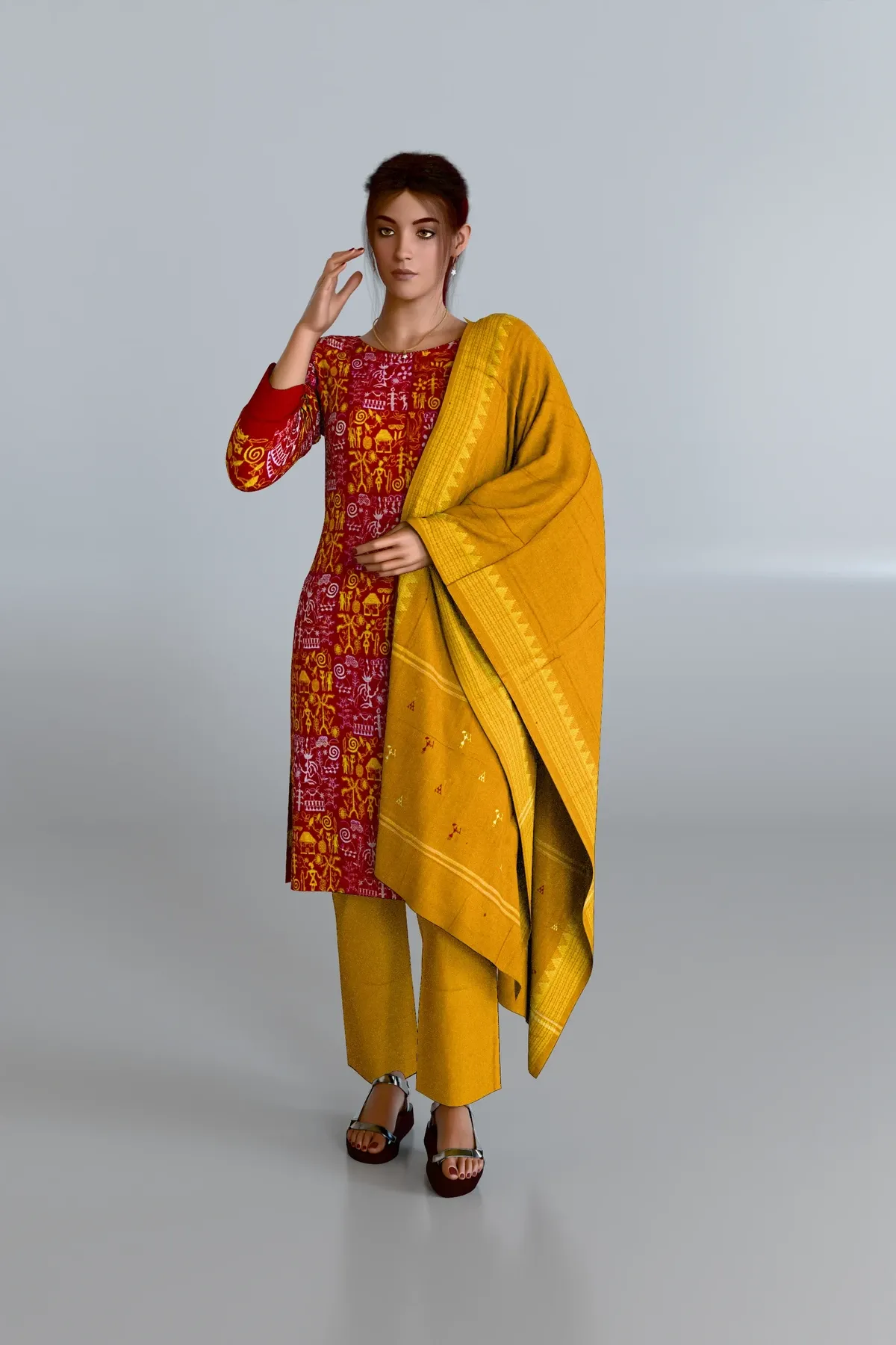 Red Tribal Embroidery Kurti DM with Yellow Dupatta and Yellow Pant DM