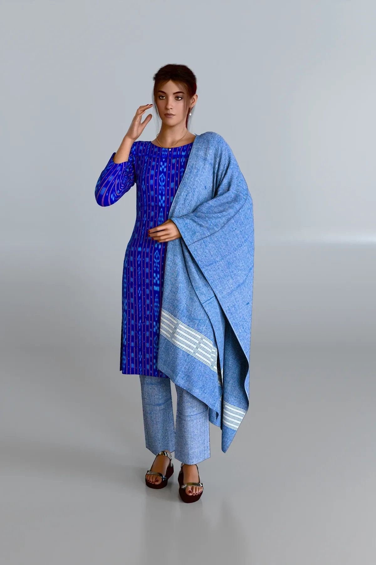 Blue Patterned Kurti DM with Blue Dupatta and Blue Pants DM