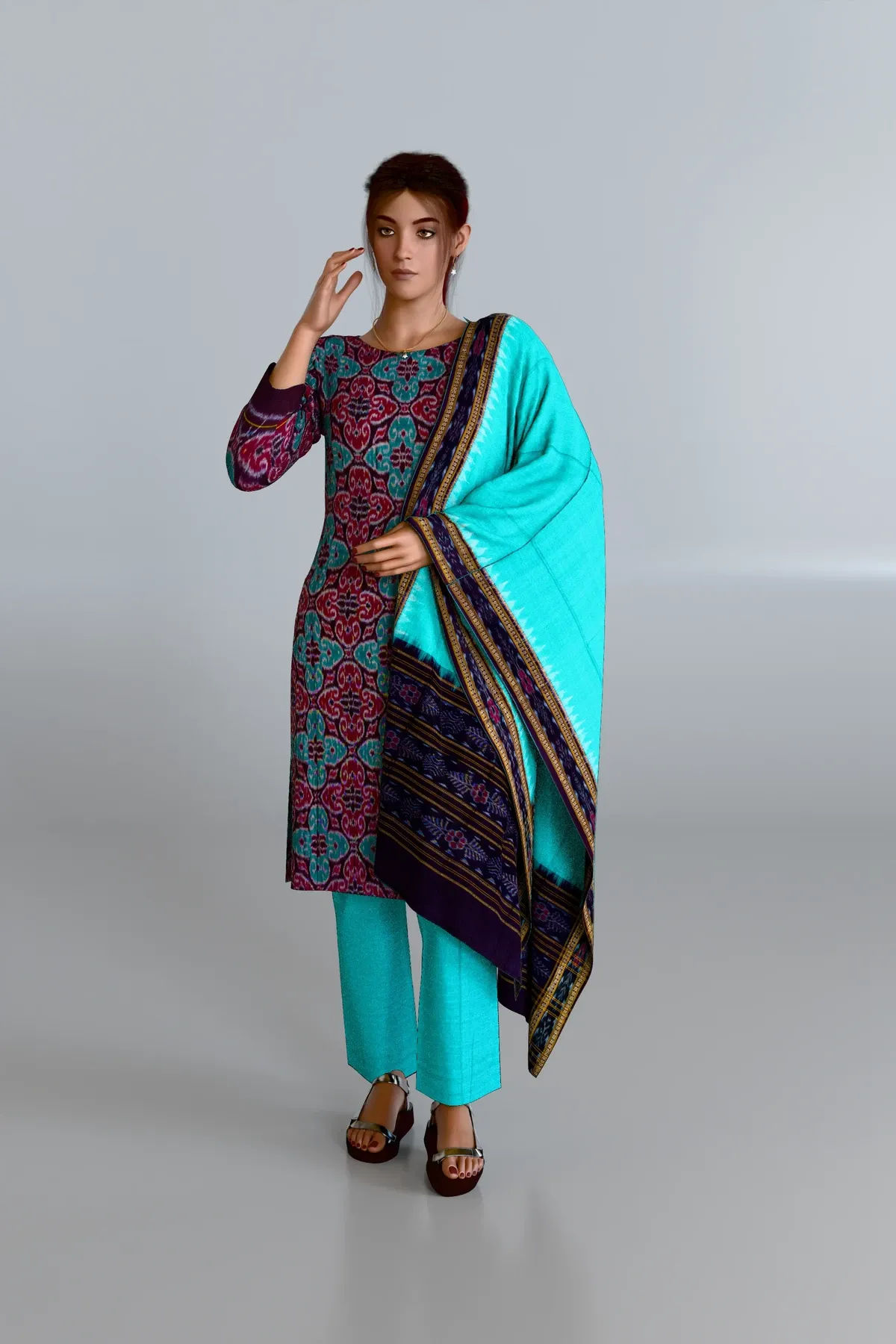 Flower Pattern Kurti DM with Turquoise Dupatta and Turquoise Pants DM