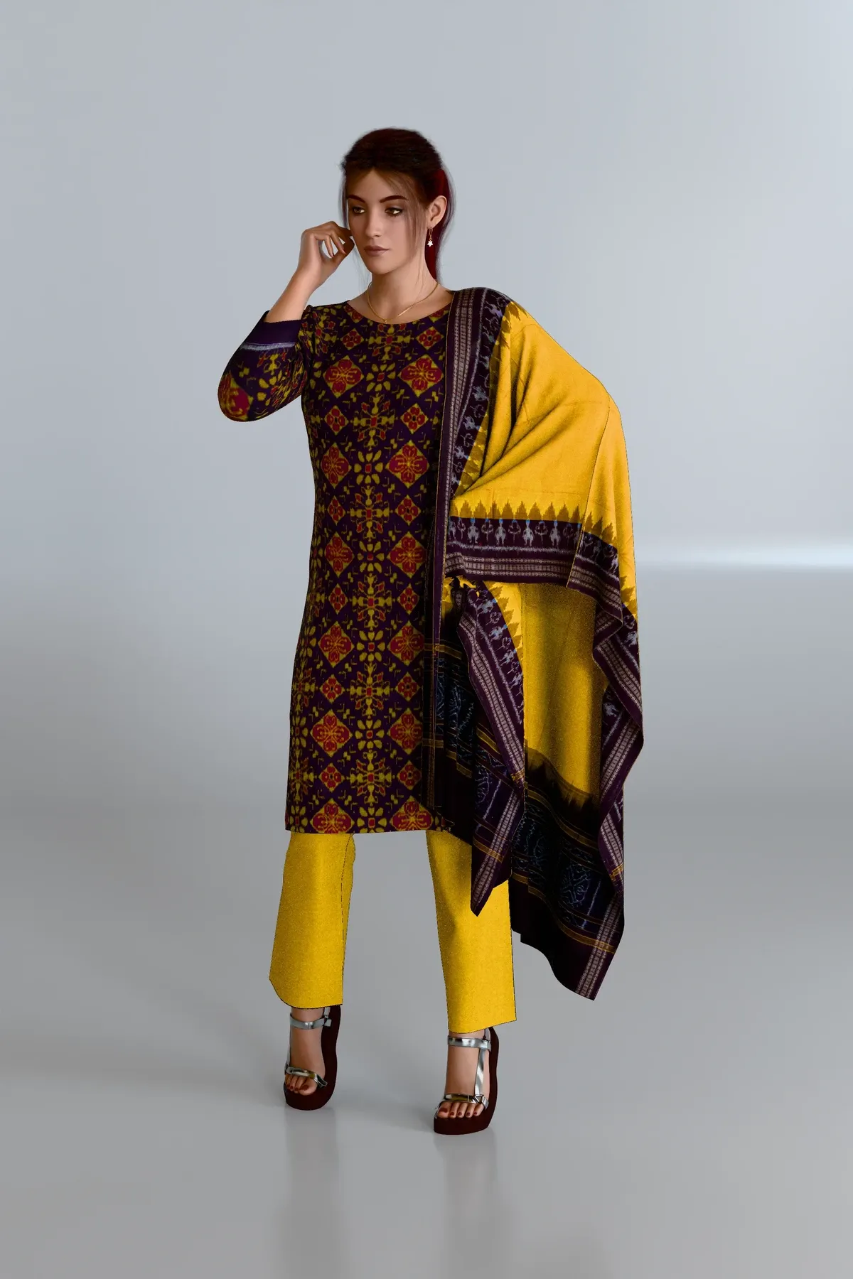 Brown Patterned Kurti DM with Yellow Dupatta and Yellow Pants DM