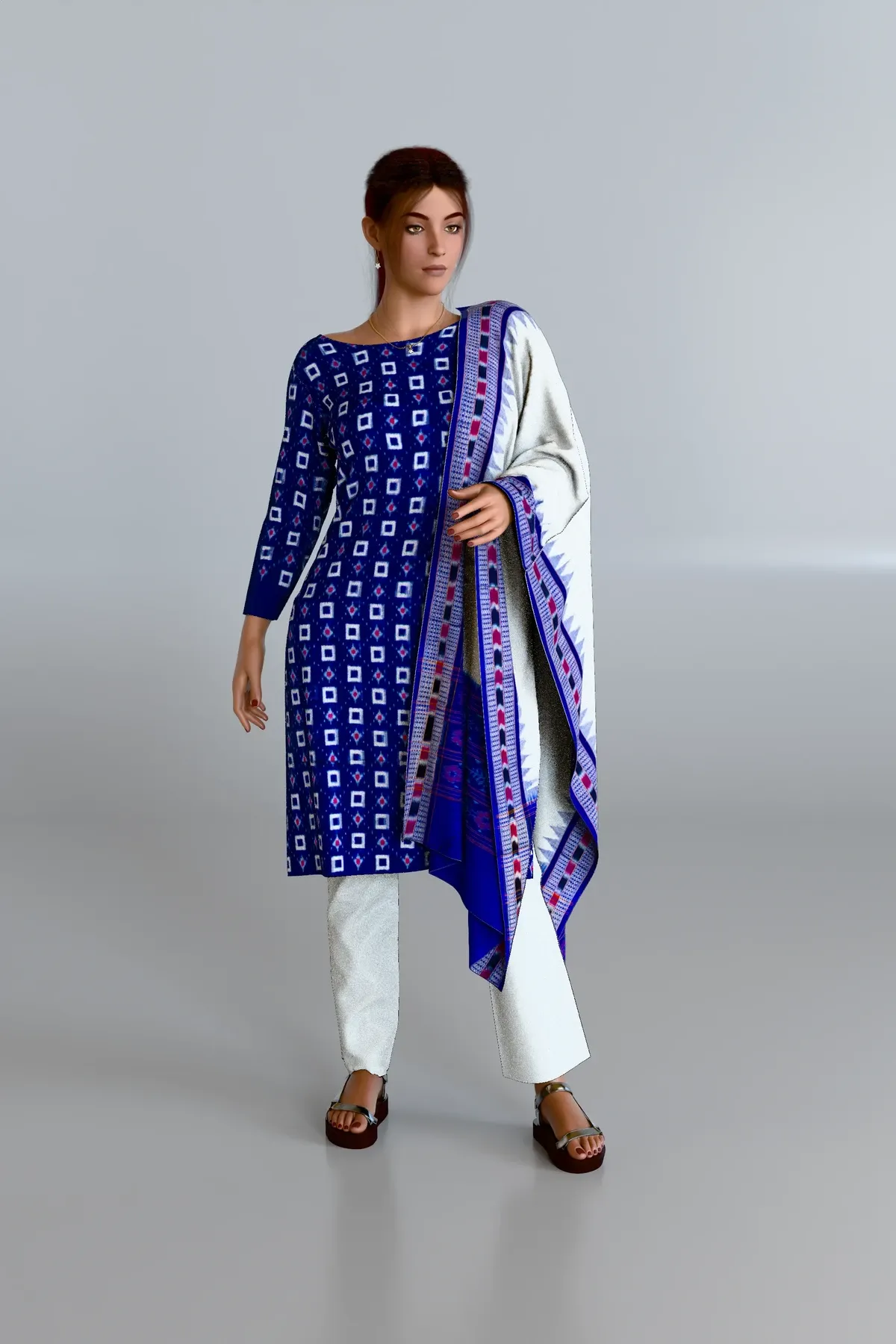Blue Patterned Kurti DM with White Dupatta and White Pants DM