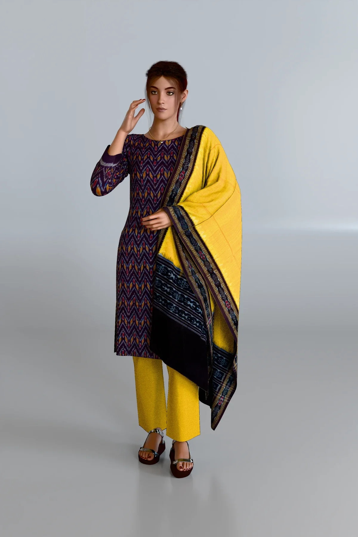 Brown Patterned Kurti DM with Yellow Dupatta and Yellow Pants DM
