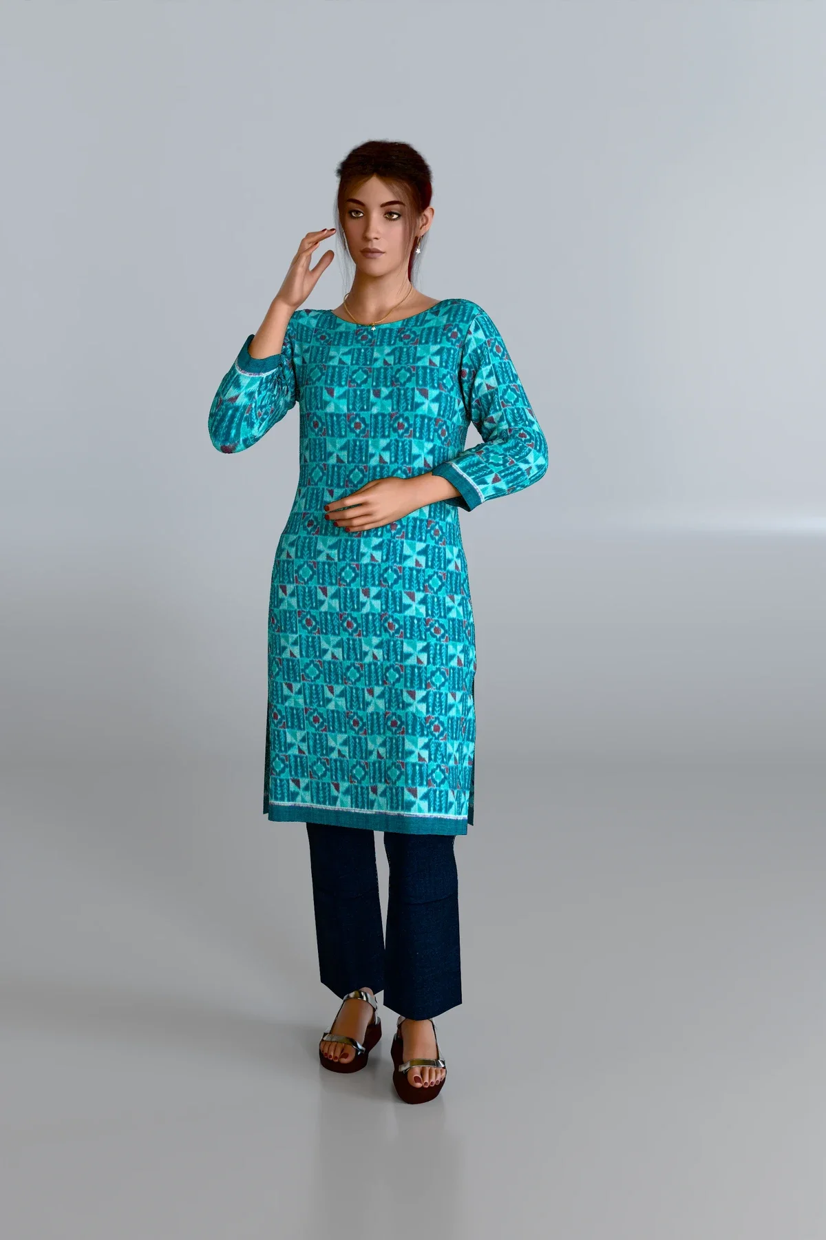 Turquoise Pattern Kurti DM
