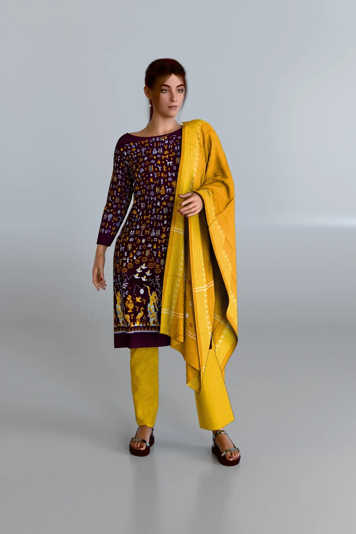 Brown Embroidered Kurti DM with Yellow Dupatta and Yellow Pants DM