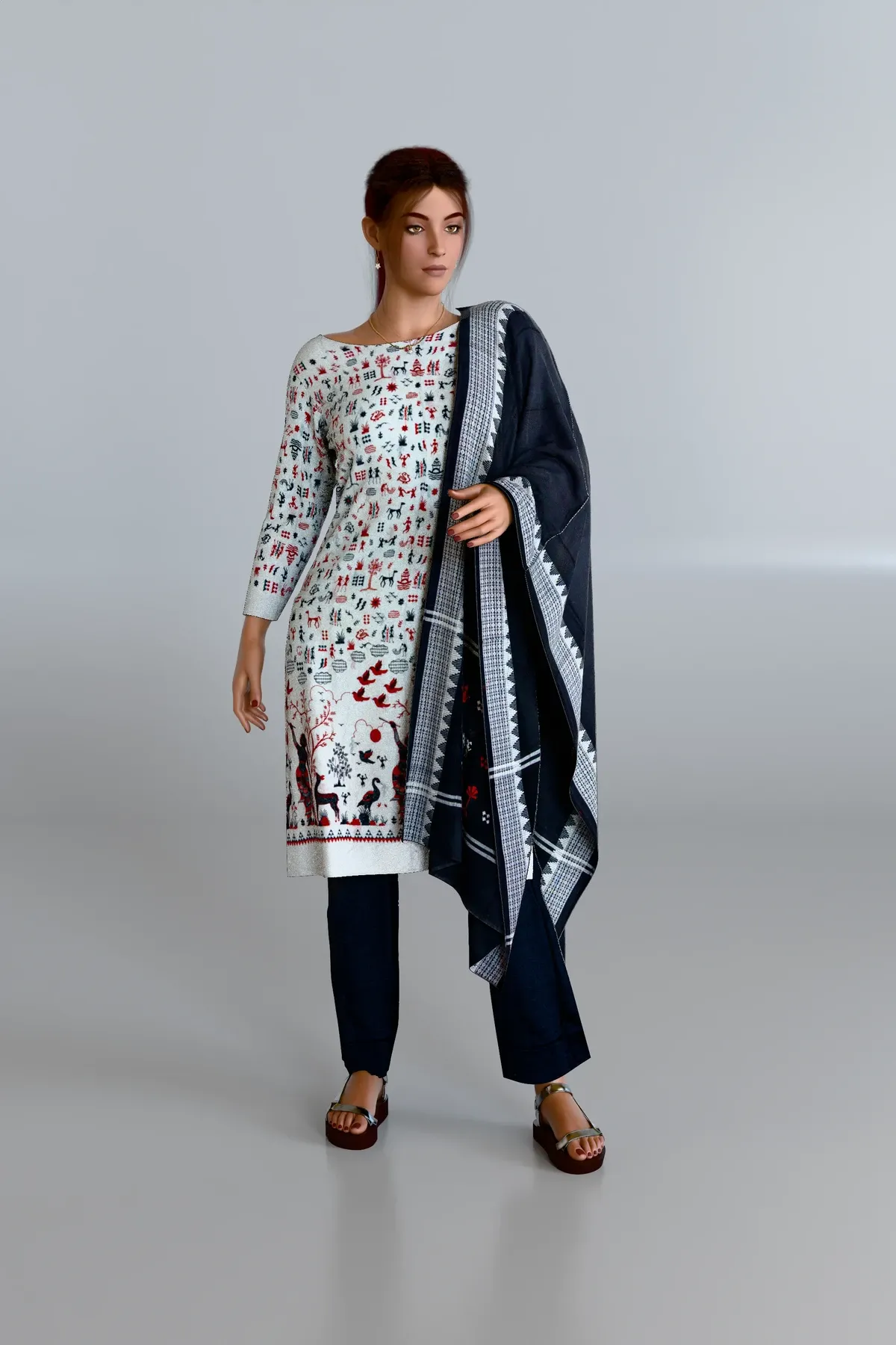 White Embroidered Kurti DM with Black Dupatta and Black Pants DM