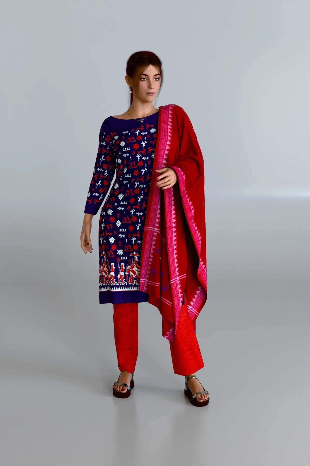Violet Embroidered Kurti DM with Red Dupatta and Red Pants DM