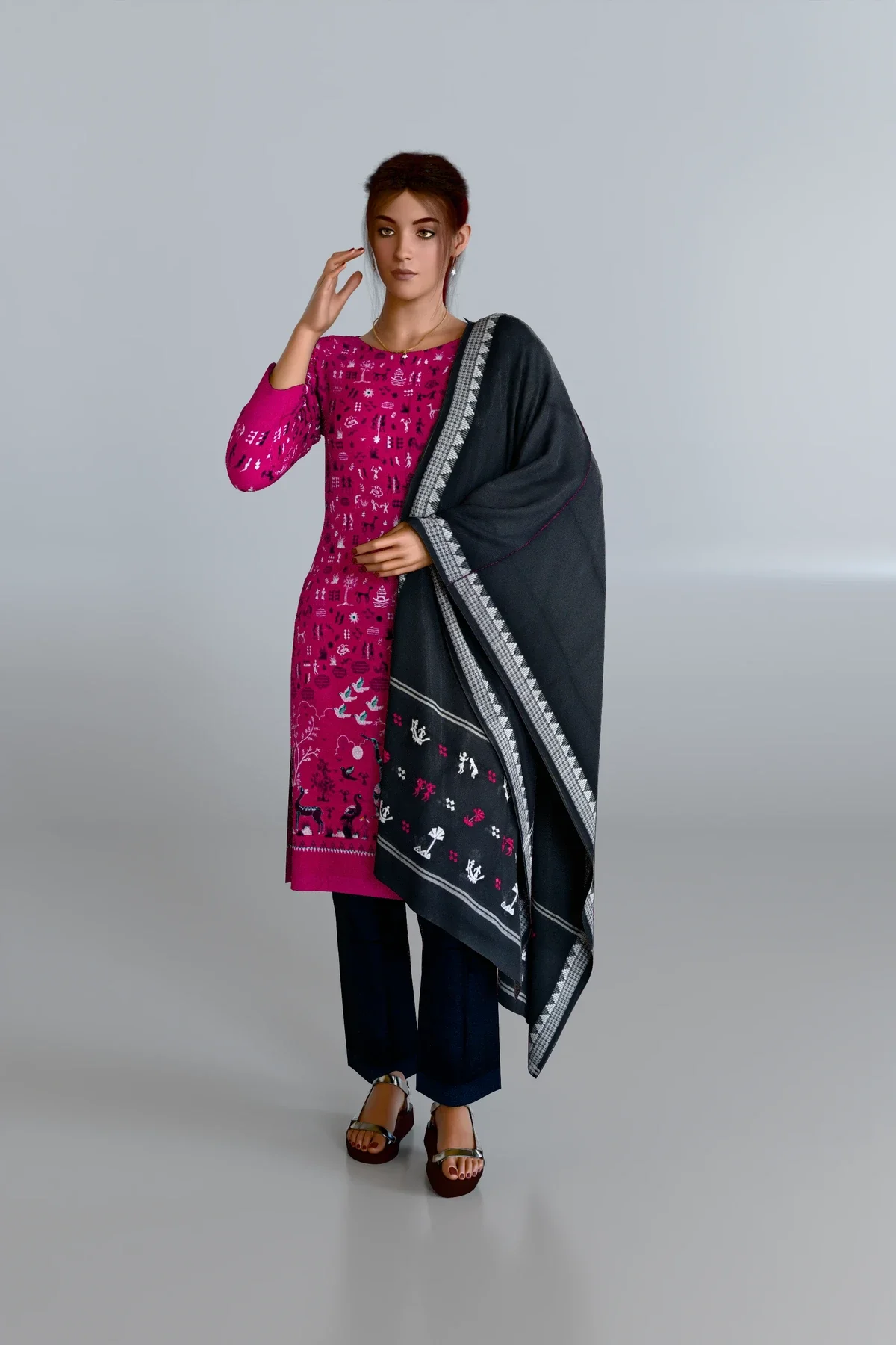 Pink Embroidered Kurti DM with Black Dupatta and Black Pants DM