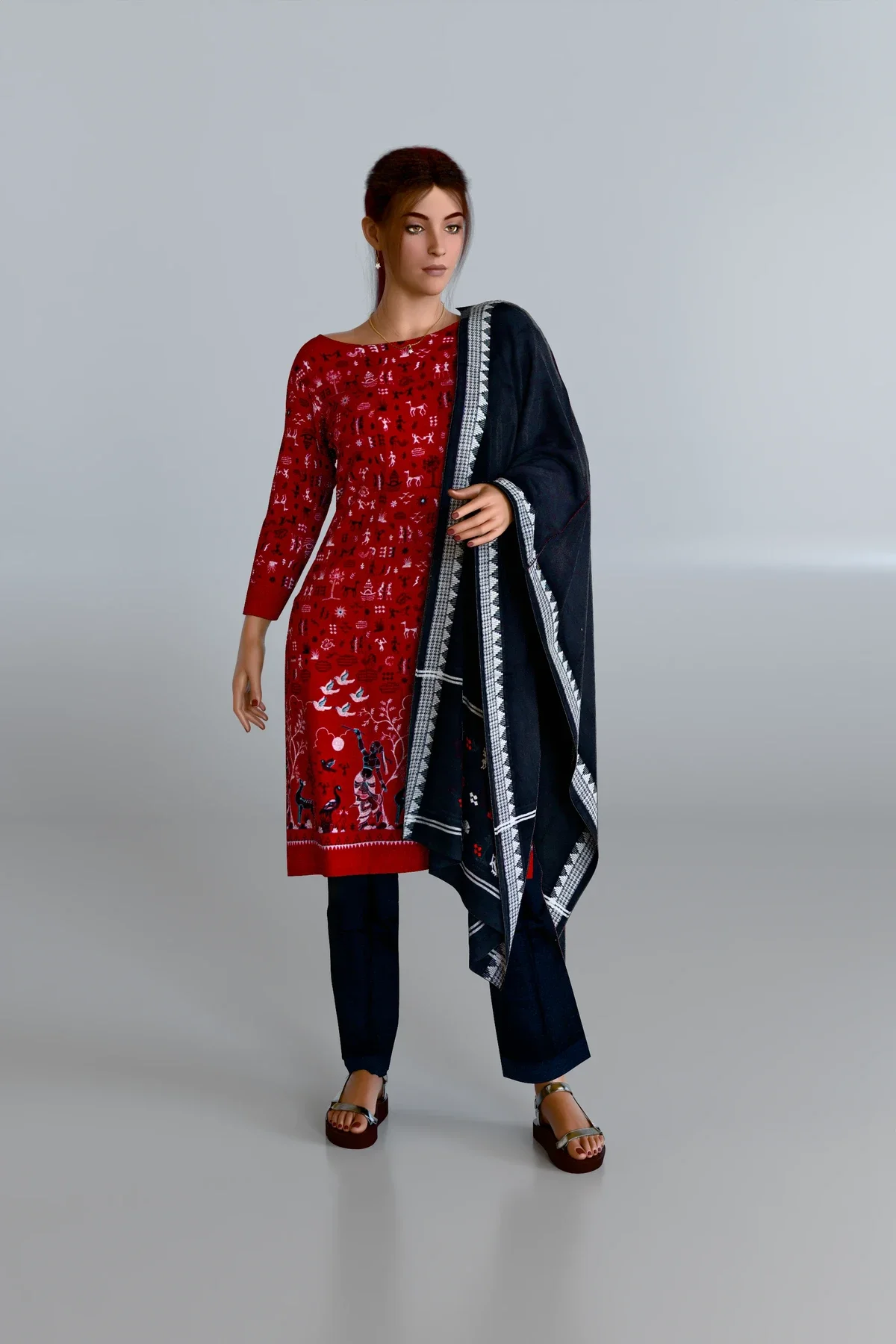 Red Embroidered Kurti DM with Black Dupatta and Black Pants DM