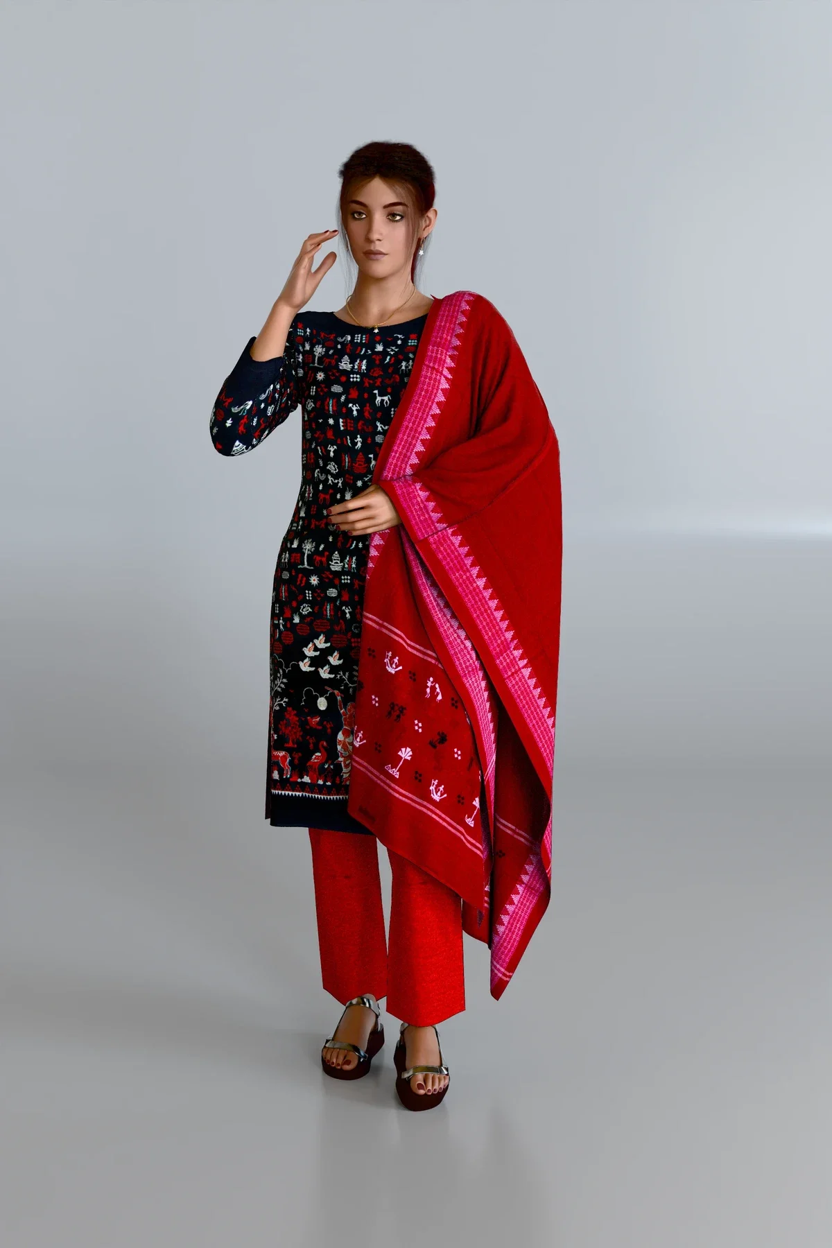 Black Embroidered Kurti DM with Red Dupatta and Red Pants DM