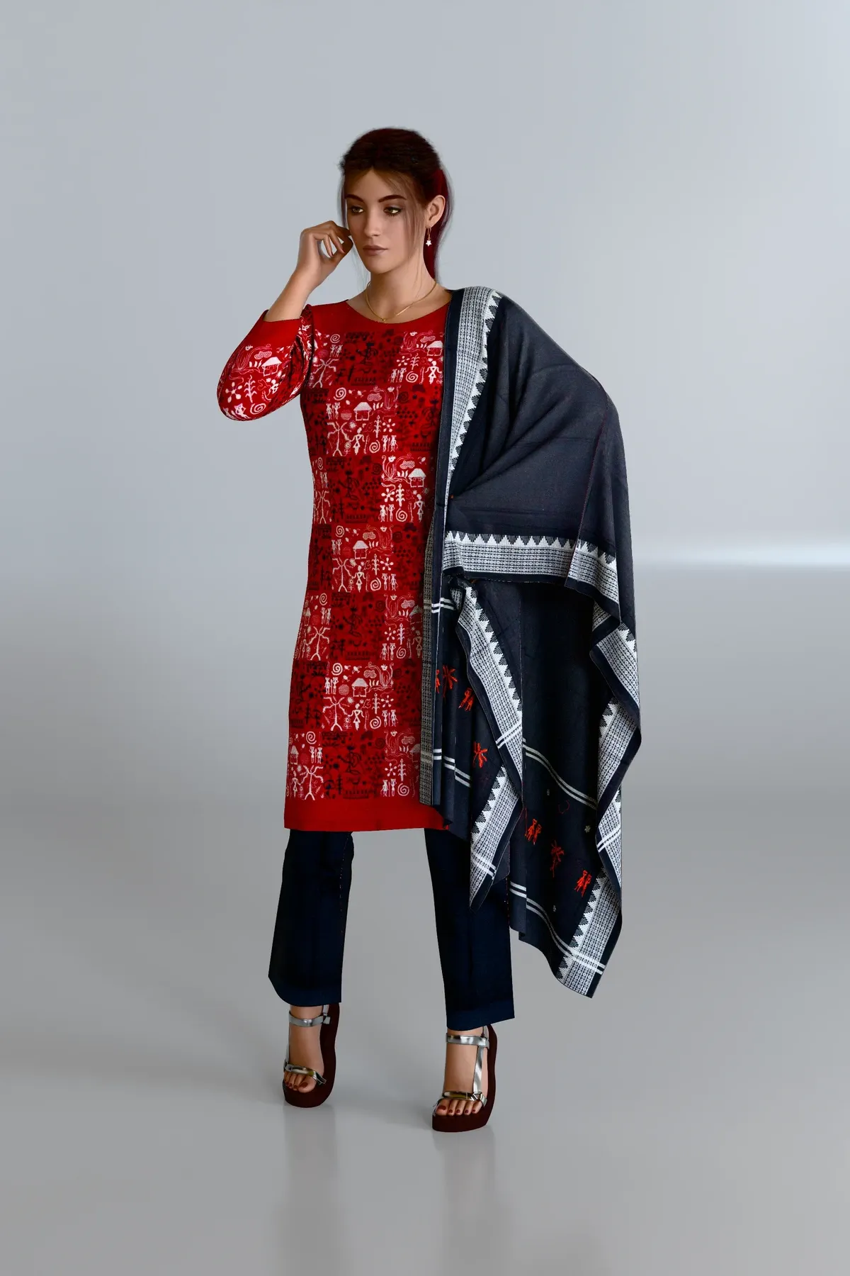 Red Tribal Embroidered Kurti DM with Black Dupatta and Black Pants DM