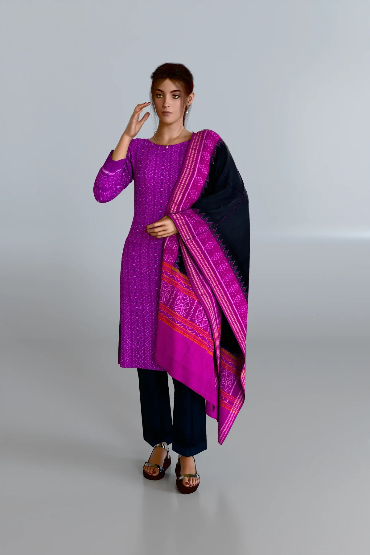 Purple Patterned Kurti DM with Purple Dupatta and Black Pants DM