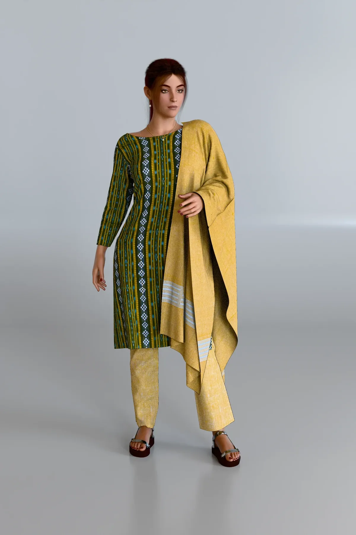 Green Patterned Kurti DM with Beige Dupatta and Beige Pants DM