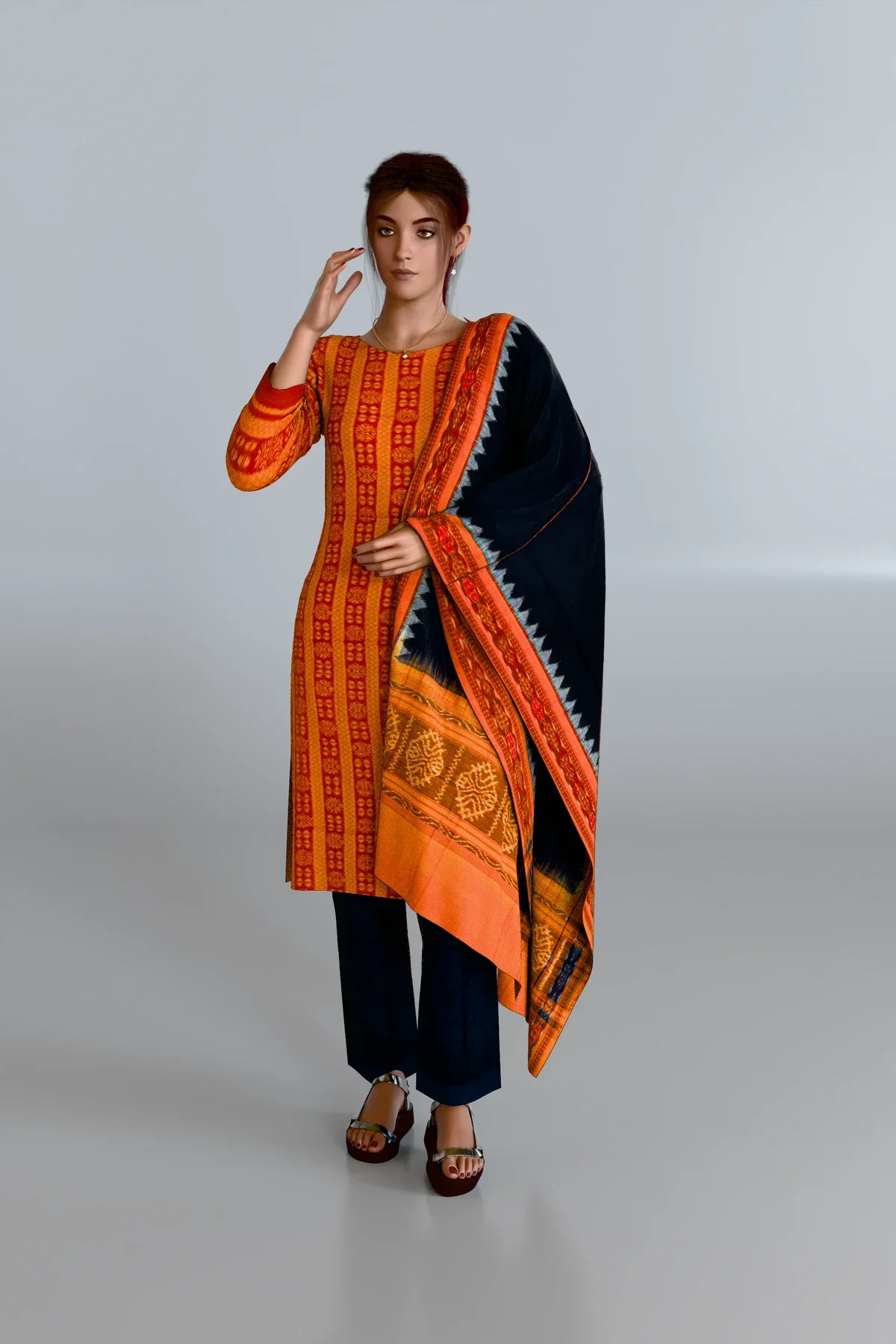 Orange Striped Kurti DM with Orange Dupatta and Black Pants DM