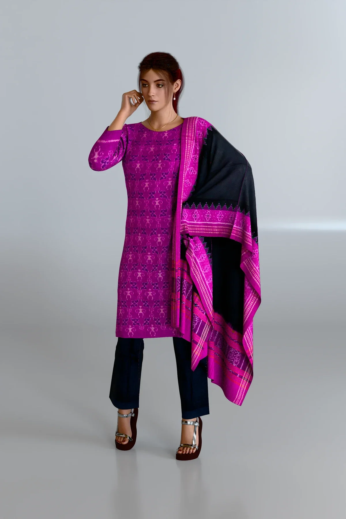Purple Tribal Patterned Kurti DM with Purple Dupatta and Black Pants DM