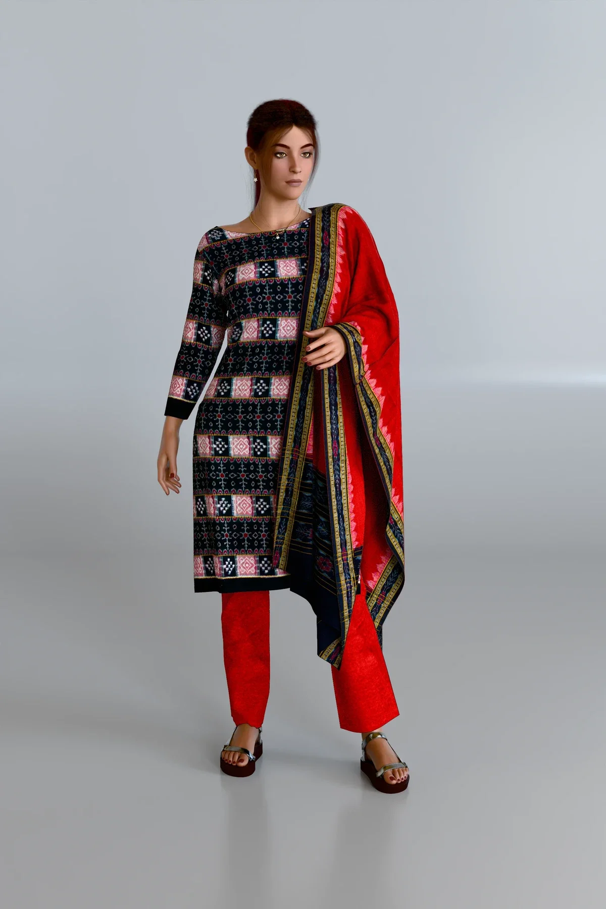 Black Pattern Kurti DM with Red Dupatta and Red Pants DM