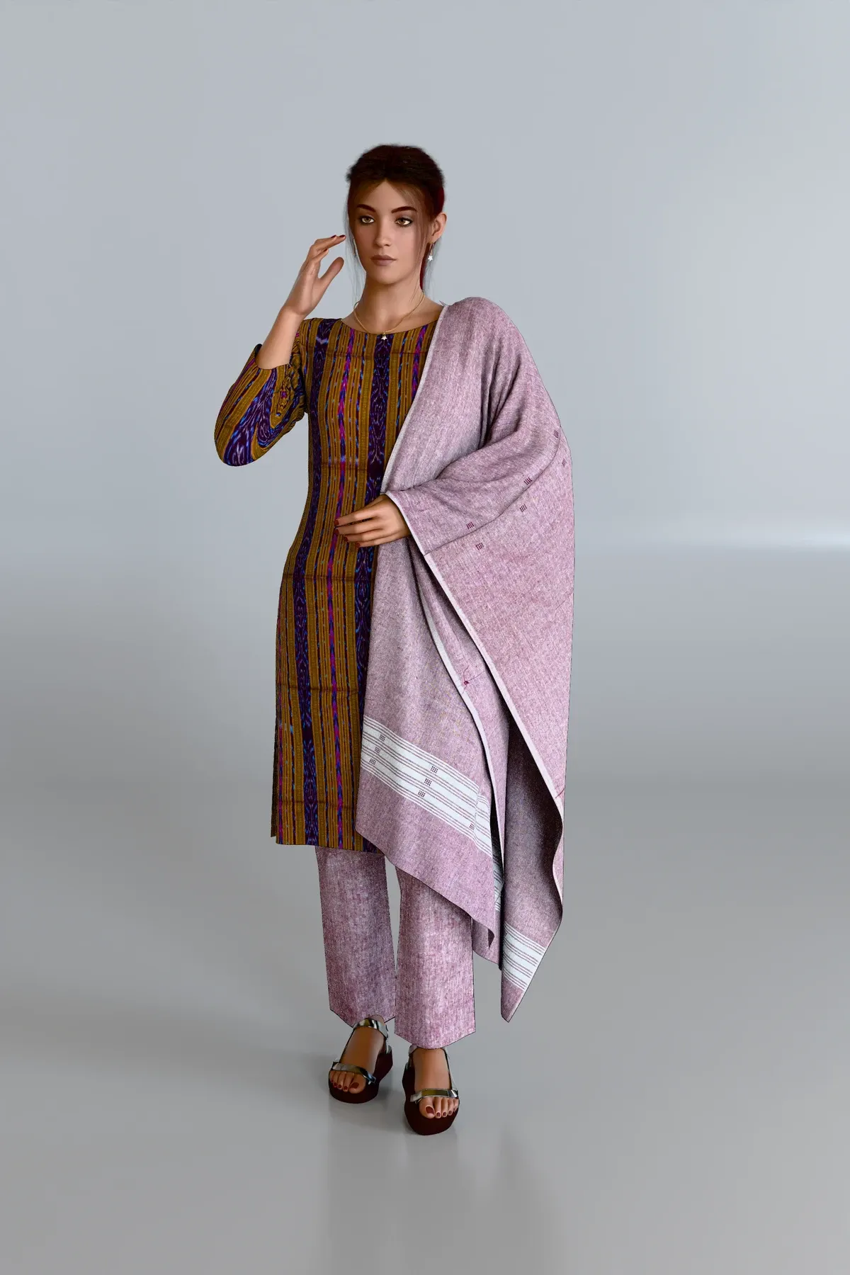 Brown Striped Kurti DM with Brown Dupatta and Brown Pants DM