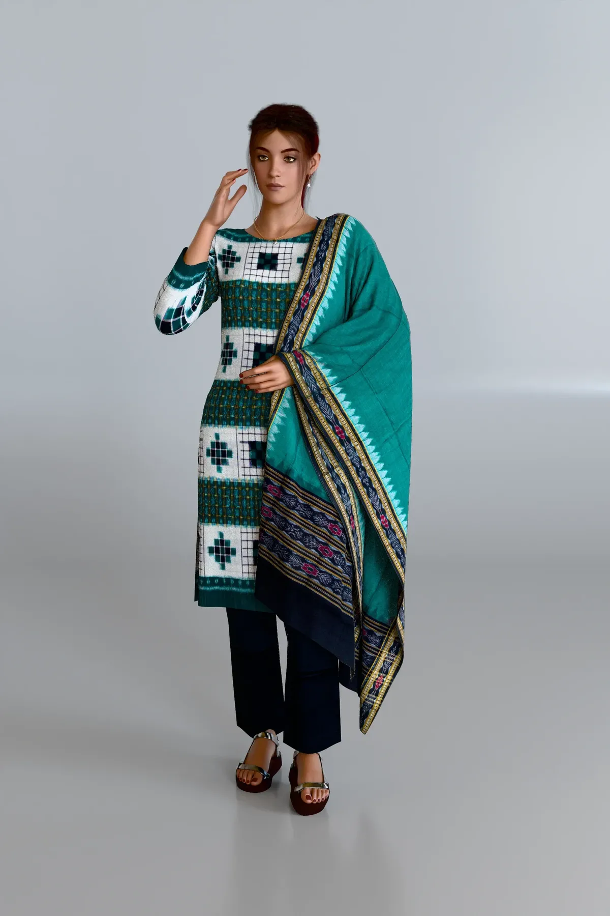 Turquoise Pasapali Kurti DM with Turquoise Duppata and Black Pants DM