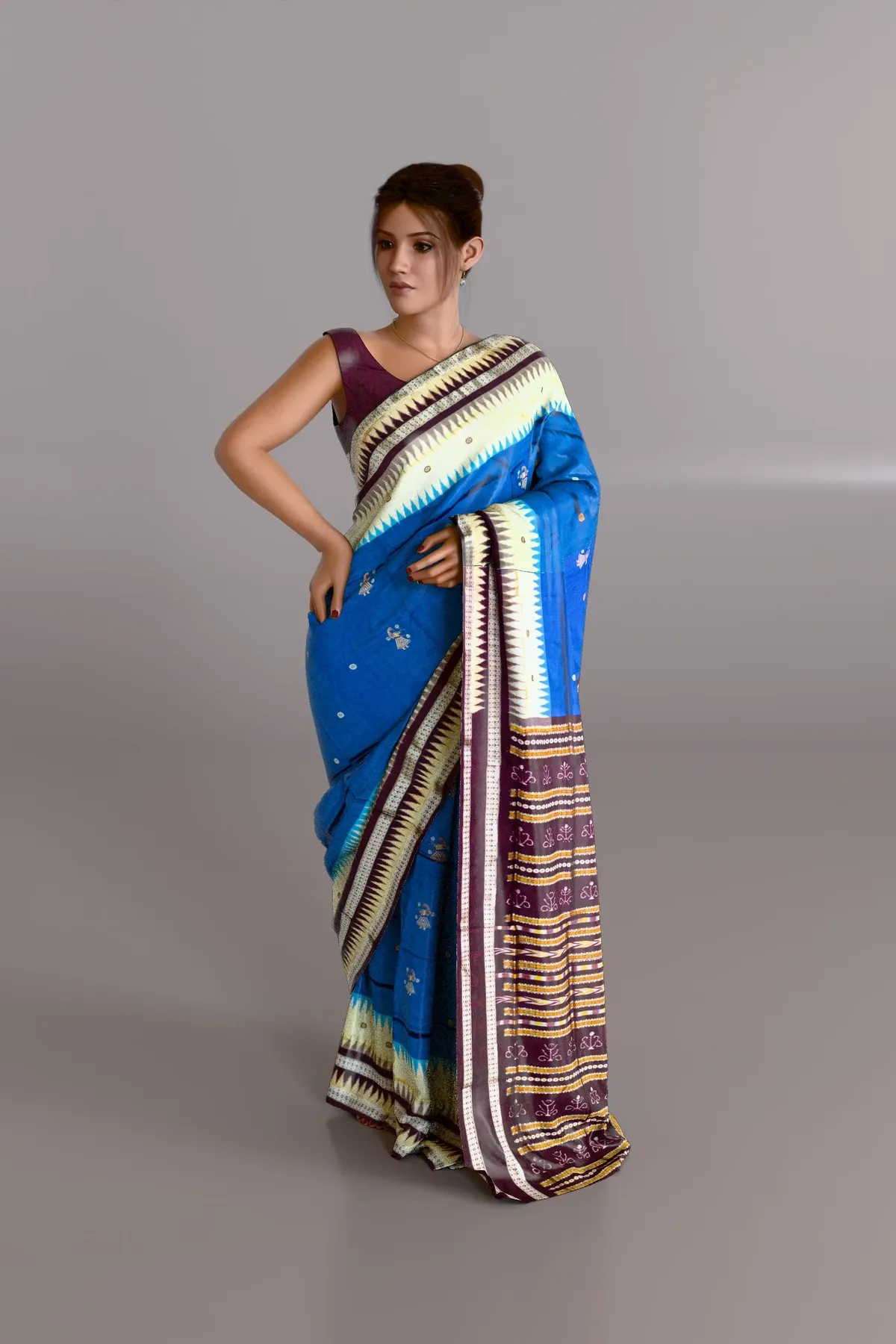 Bomkei Figure Stitch Blue Sambalpuri Pure-Pata Saree