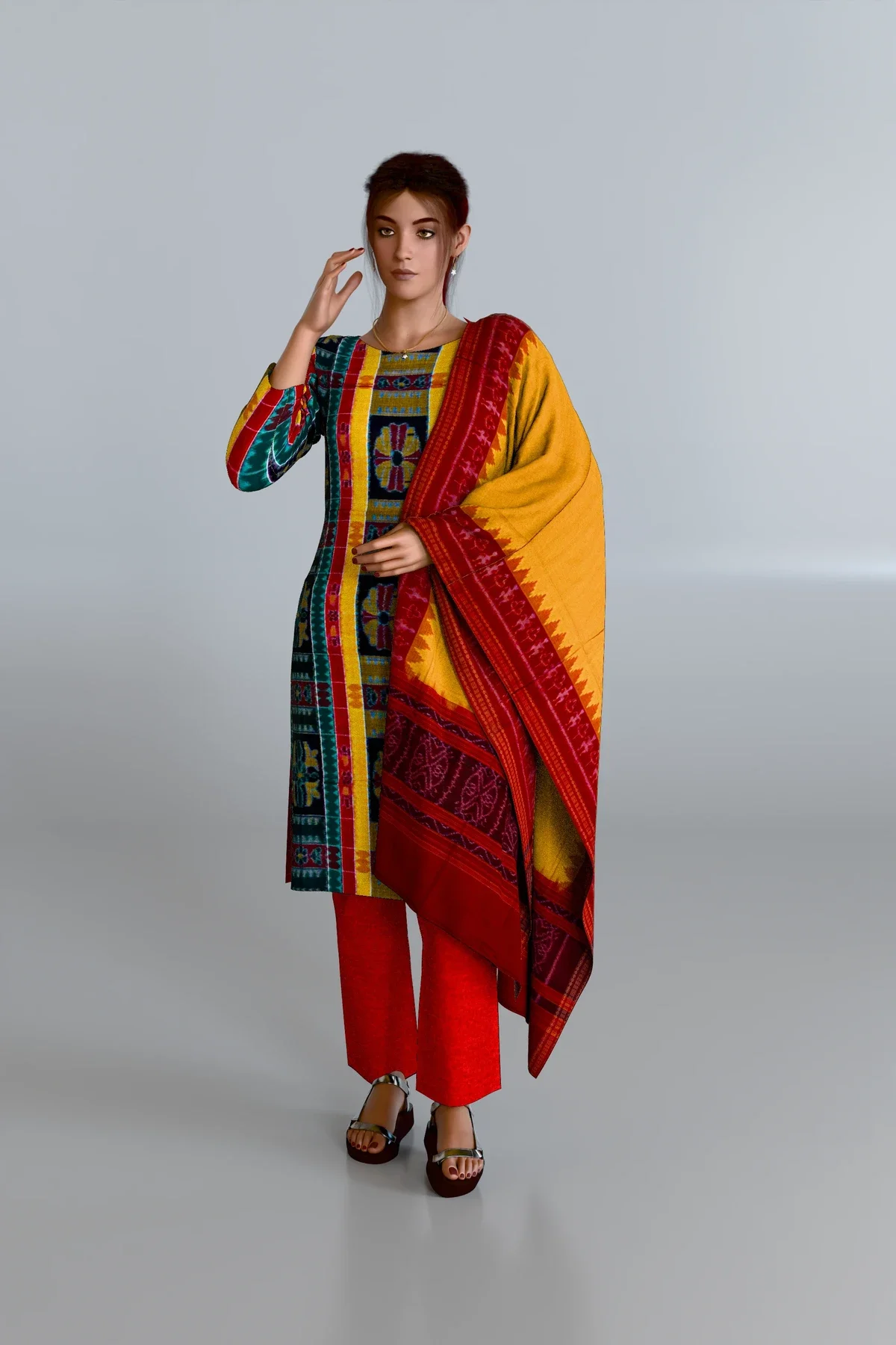Yellow Red Striped Kurti DM with Yellow Dupatta and Red Pants DM