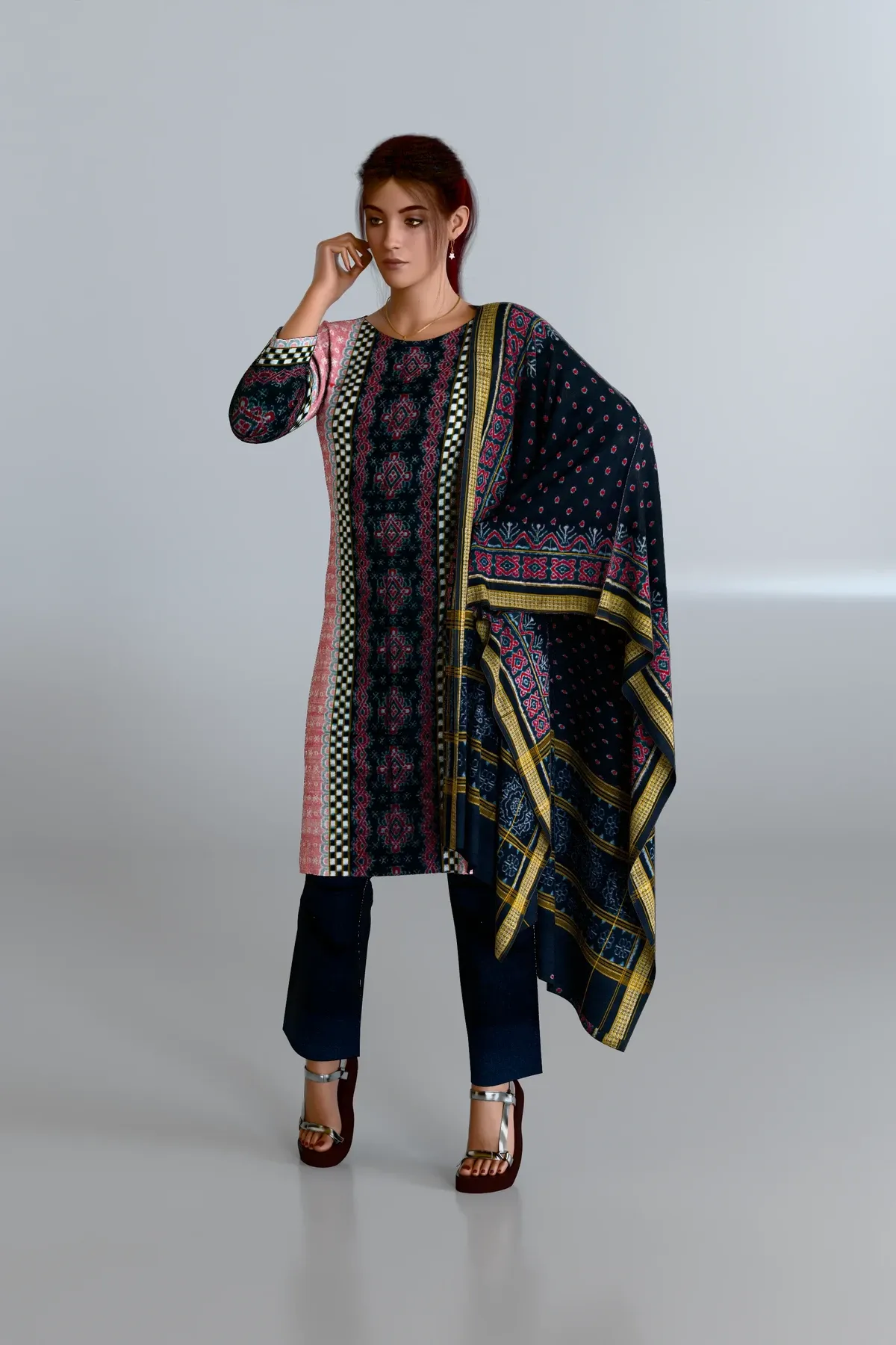 Pink Pasapali Pattern Kurti DM with Black Dupatta and Black Pants DM