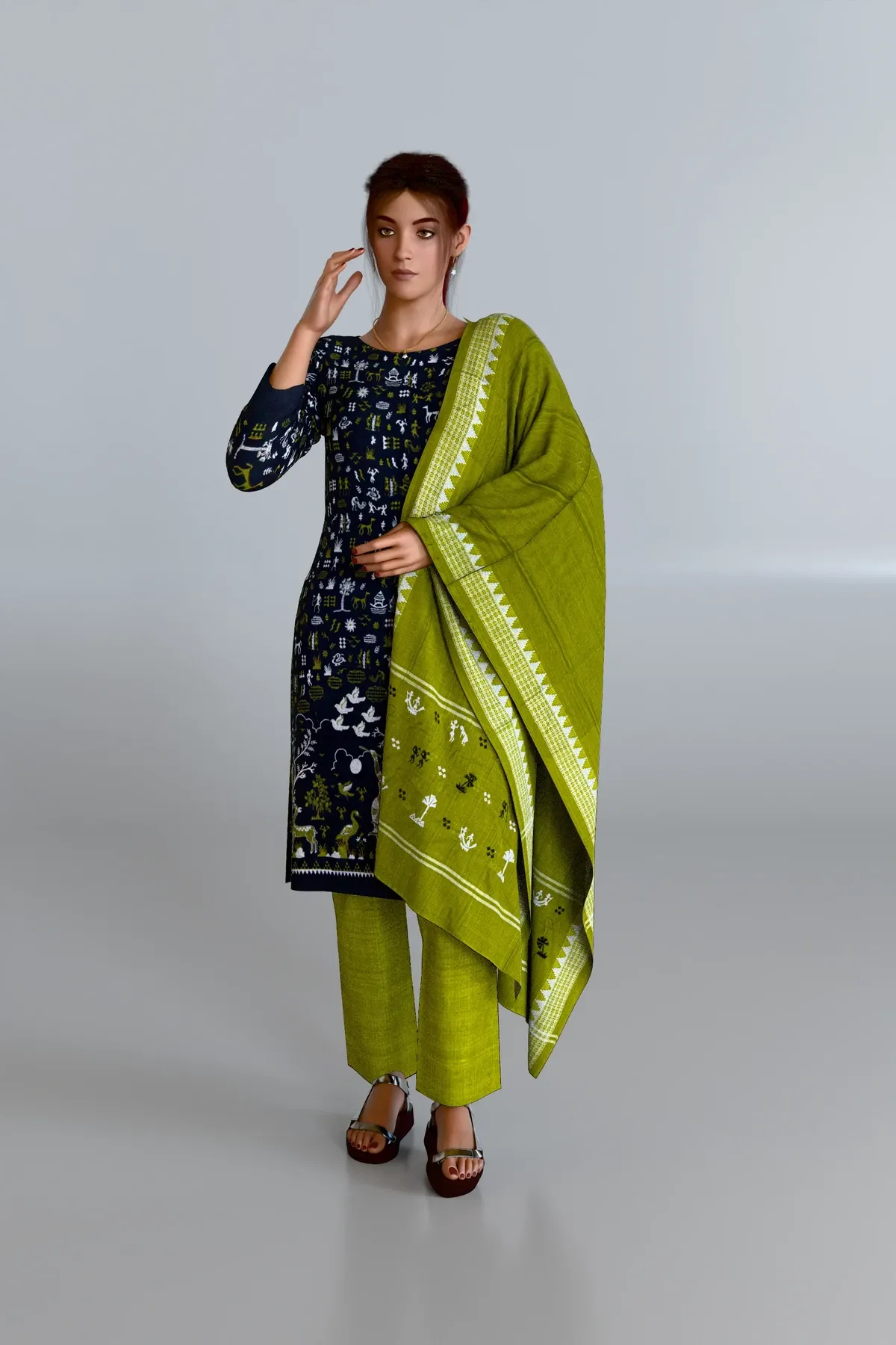 Black Embroidered Kurti DM with Green Dupatta and Green Pants DM