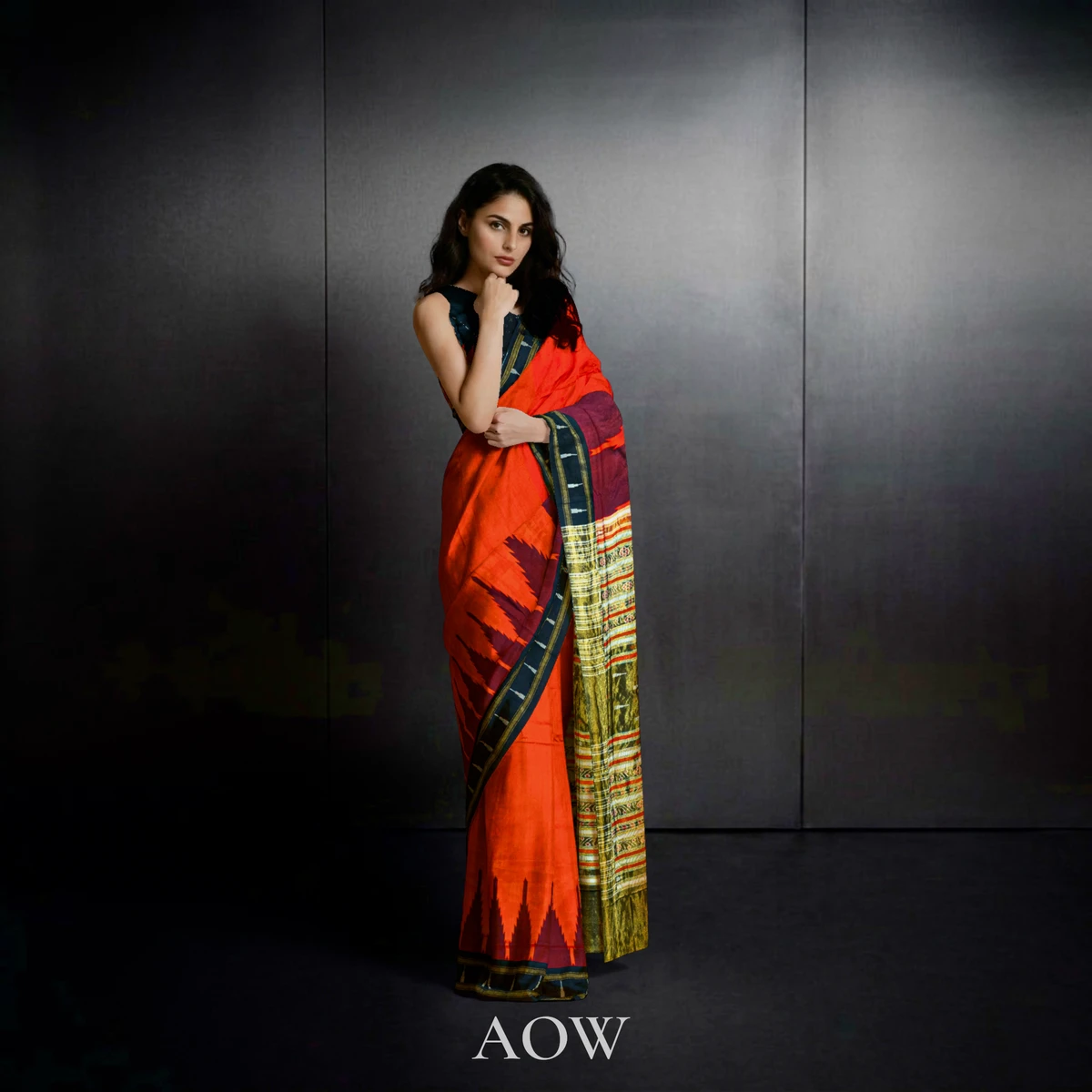 Red with Black Gold border Half Tissue Sambalpuri Pure Pata Saree