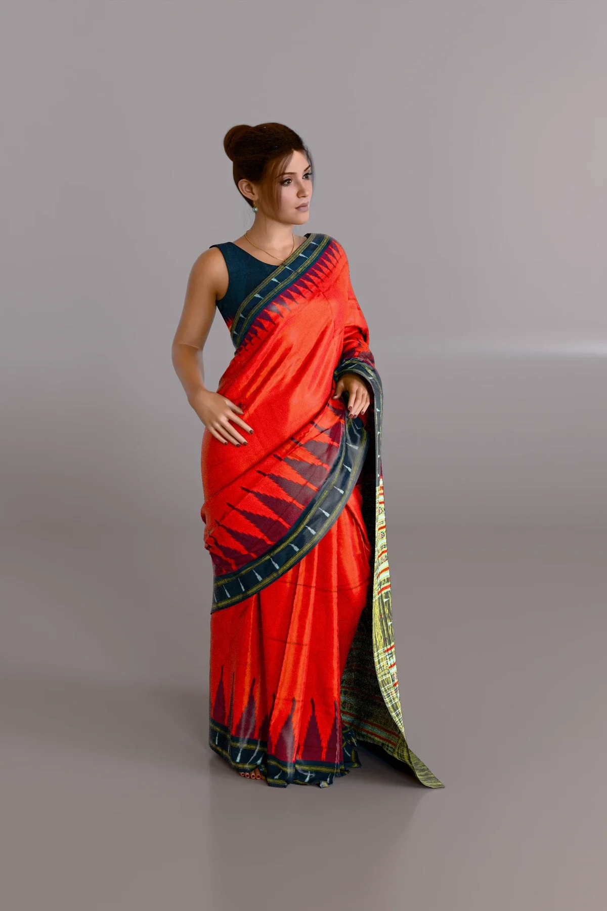Red with Black Gold border Half Tissue Sambalpuri Pure Pata Saree