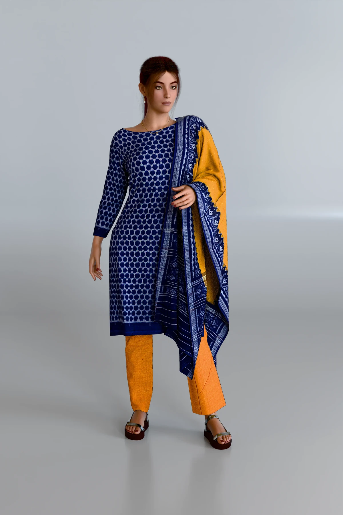 Blue Kurti DM with Mustard Dupatta and Mustard Pants DM