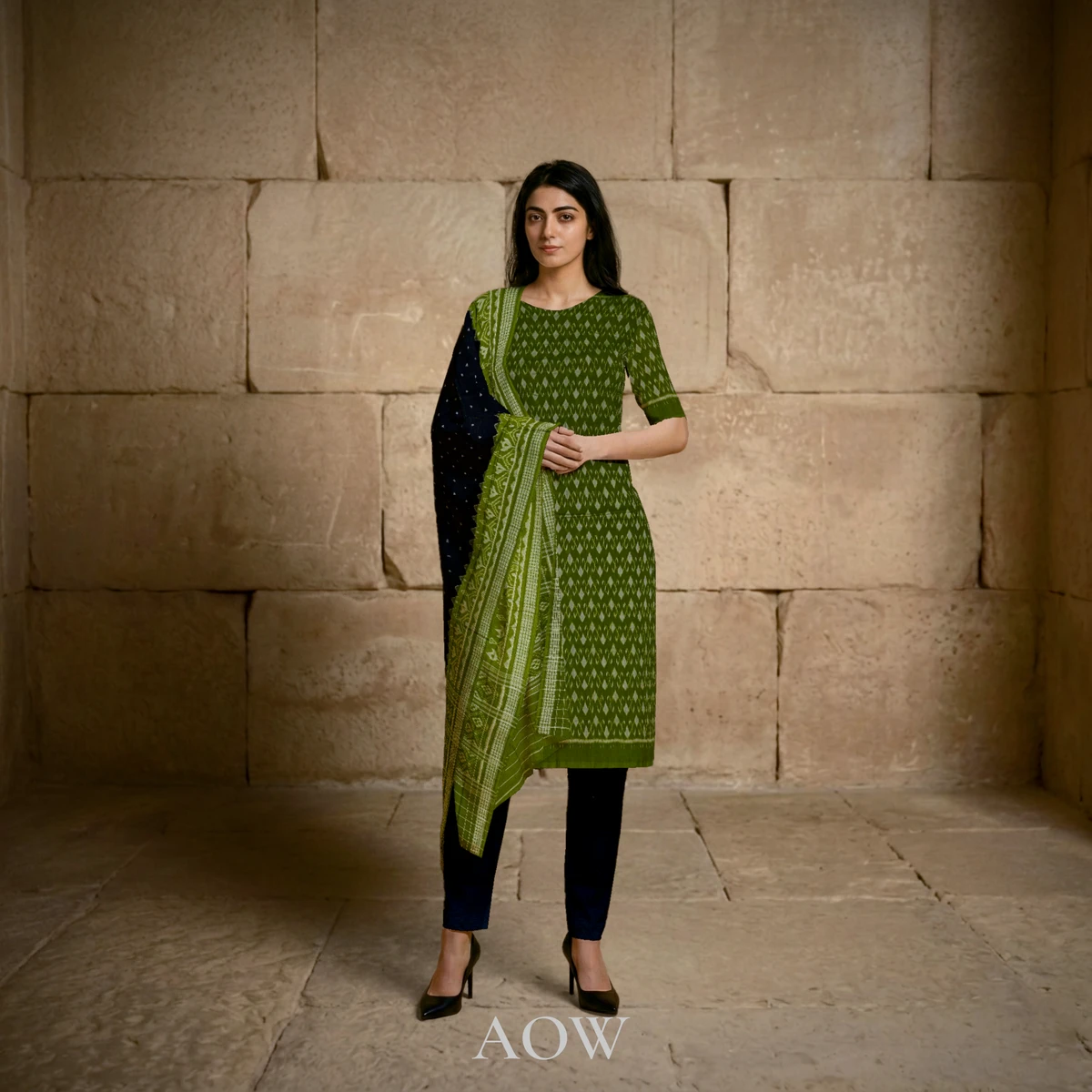 Green Kurti DM with Black Dupatta and Black Pants DM