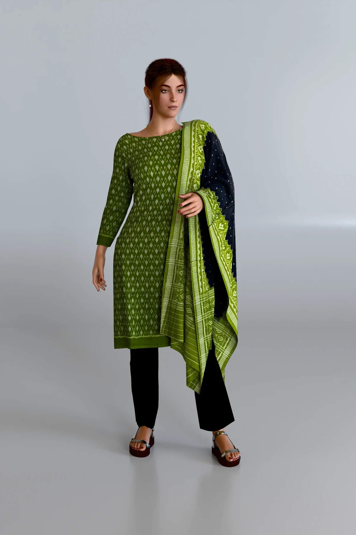 Green Kurti DM with Black Dupatta and Black Pants DM