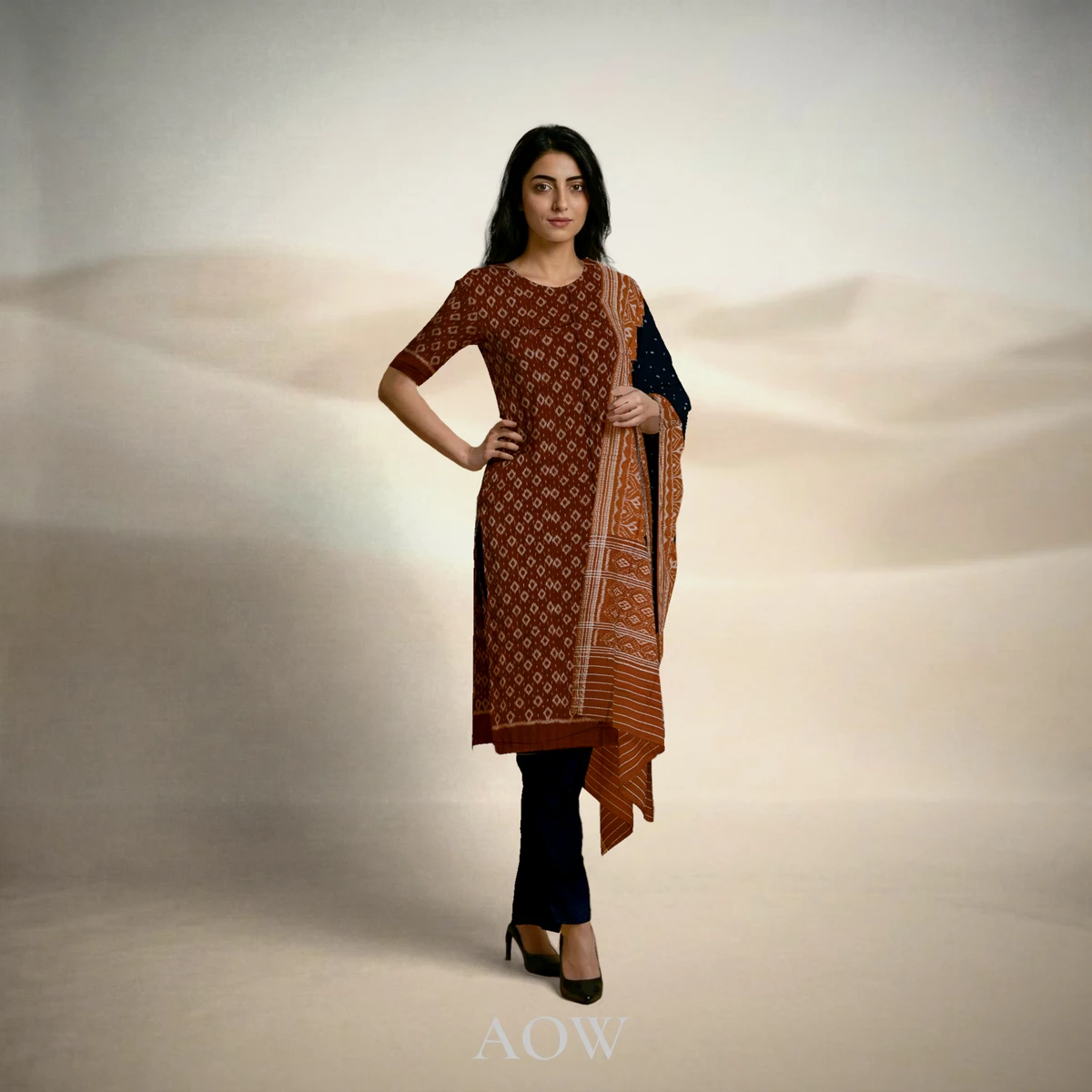Coffee Kurti DM with Black Dupatta and Black Pants DM