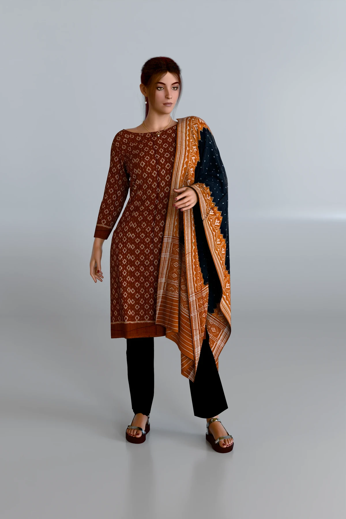 Coffee Kurti DM with Black Dupatta and Black Pants DM