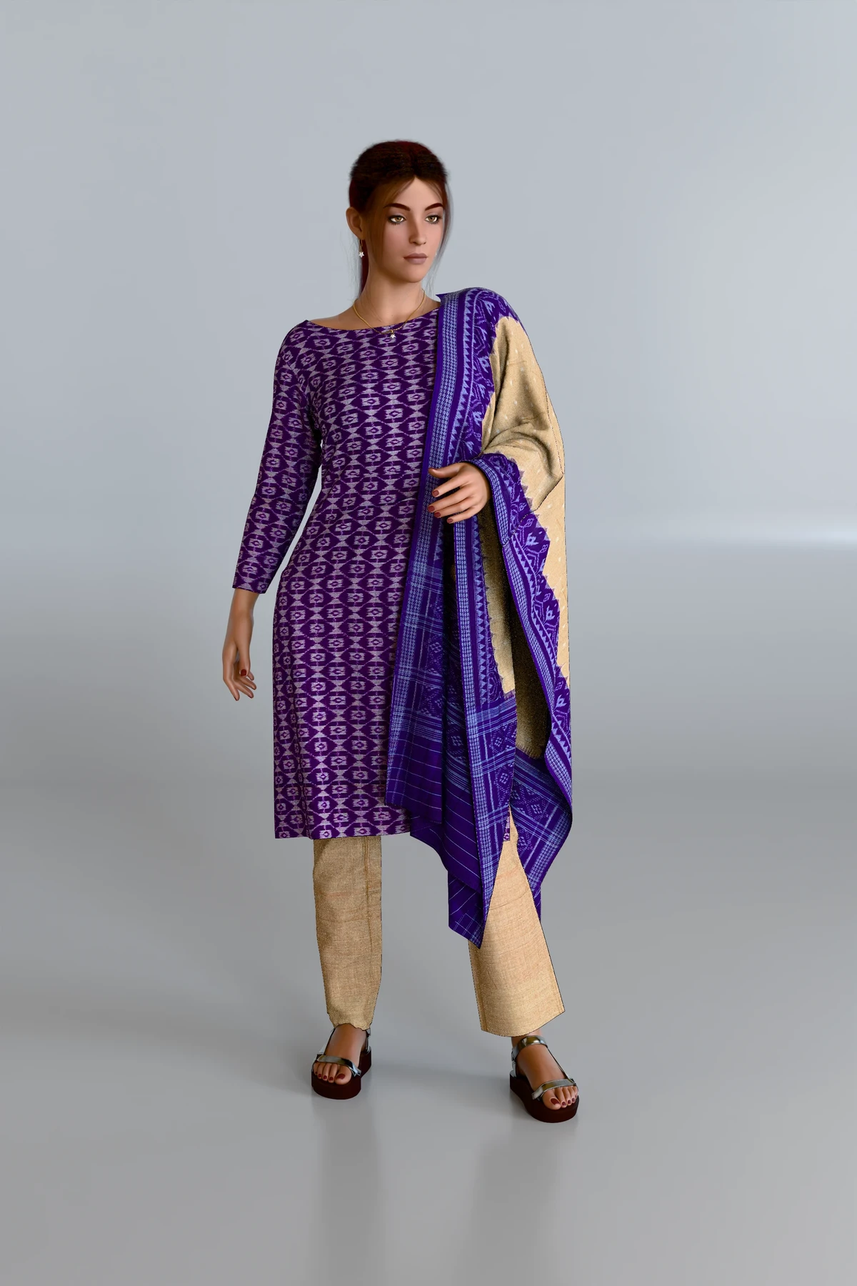 Mauve Kurti DM with Beige Dupatta and Beige Pants DM