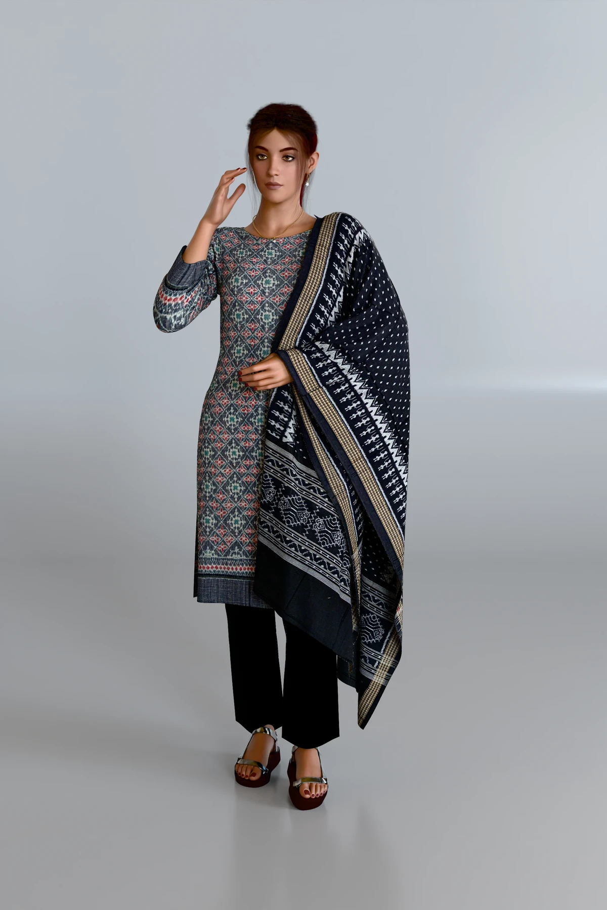 Gray Kurti DM with Black Dupatta and Black Pants DM