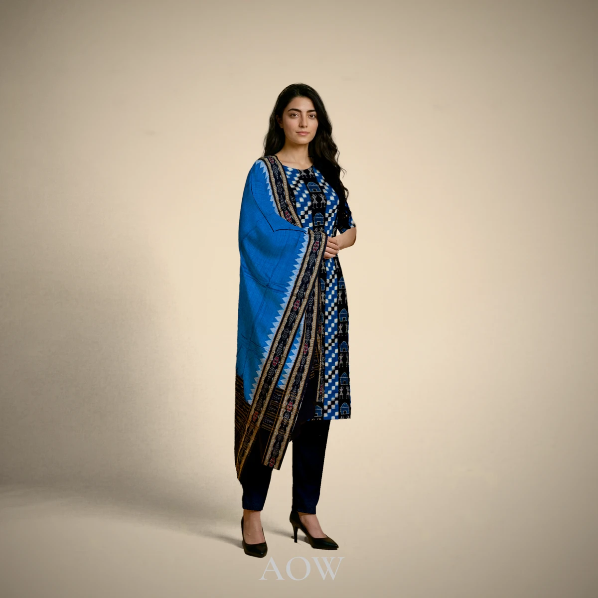 Blue Black Kurti DM with Black Dupatta and Black Pants DM