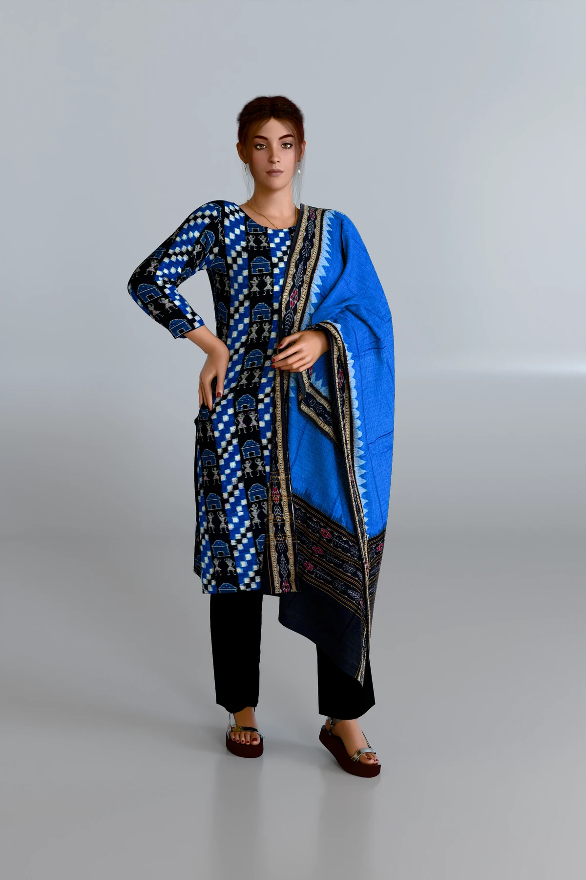 Blue Black Kurti DM with Black Dupatta and Black Pants DM