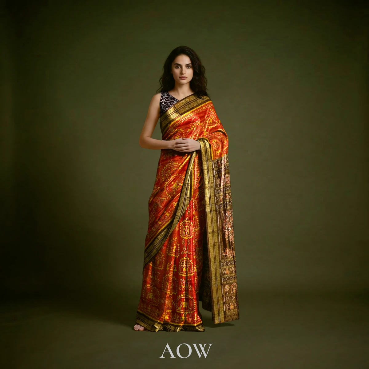Red Gold Sambalpuri Full Tissue Saree