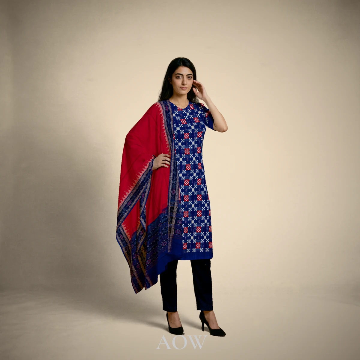Blue Red Bandha Kurti DM with Blue Red Dupatta