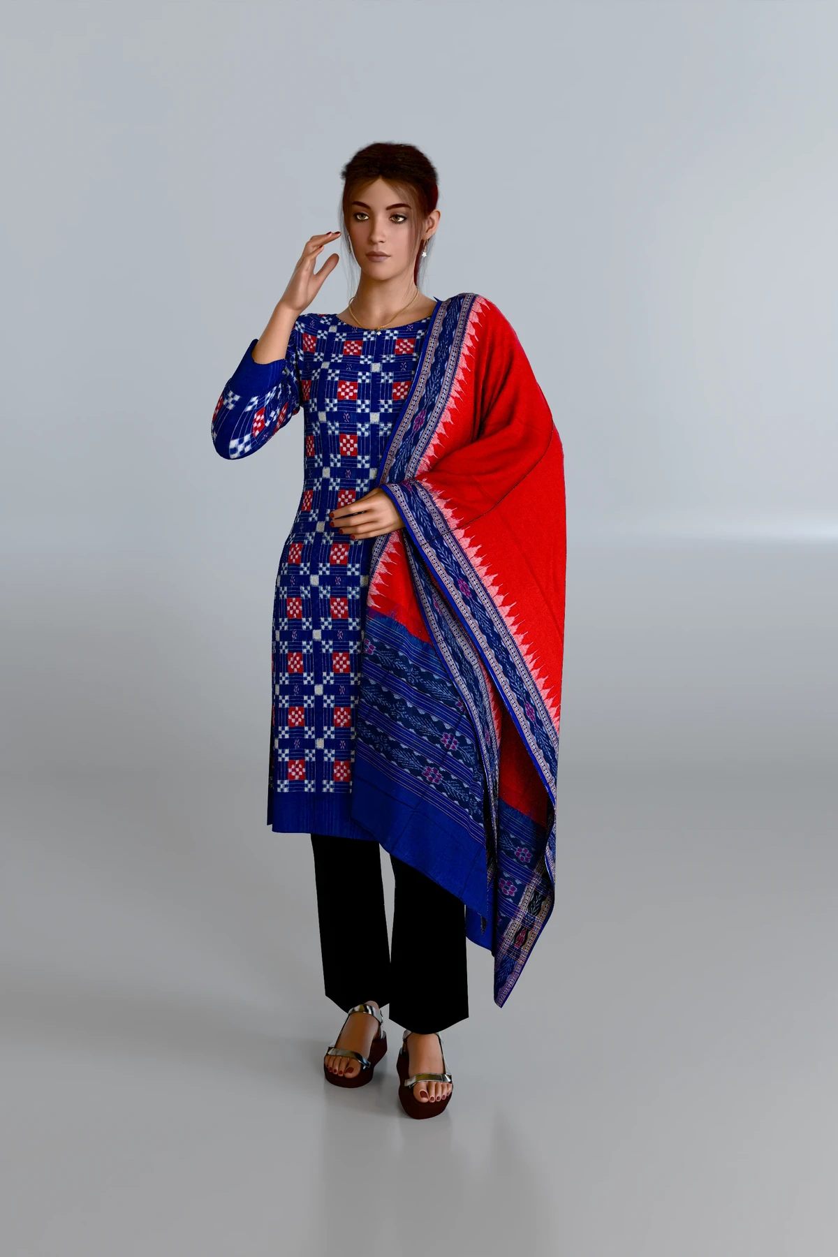 Blue Red Bandha Kurti DM with Blue Red Dupatta
