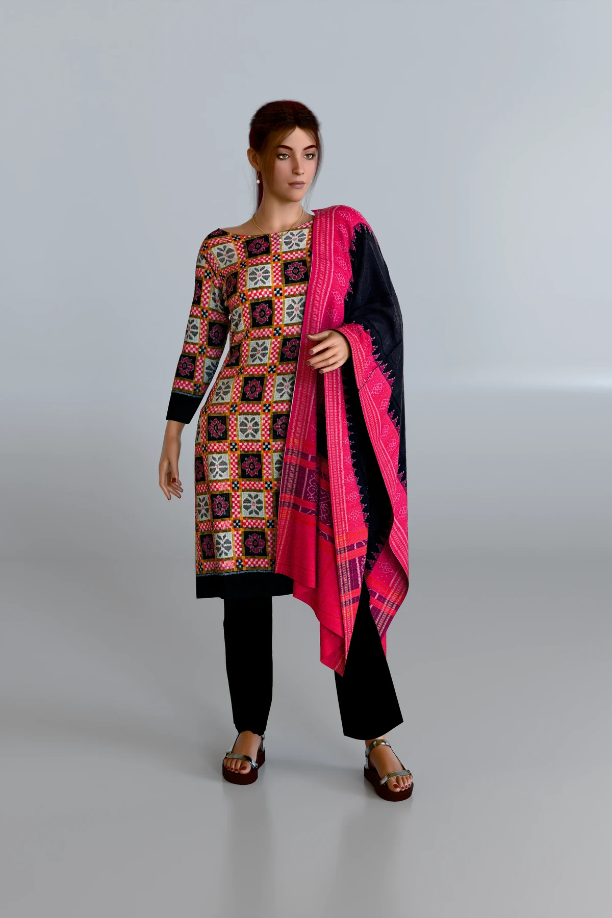 Cotton Silk Utkal Laxmi Bandha Kurti DM with Pink Dupatta and Black Pants DM